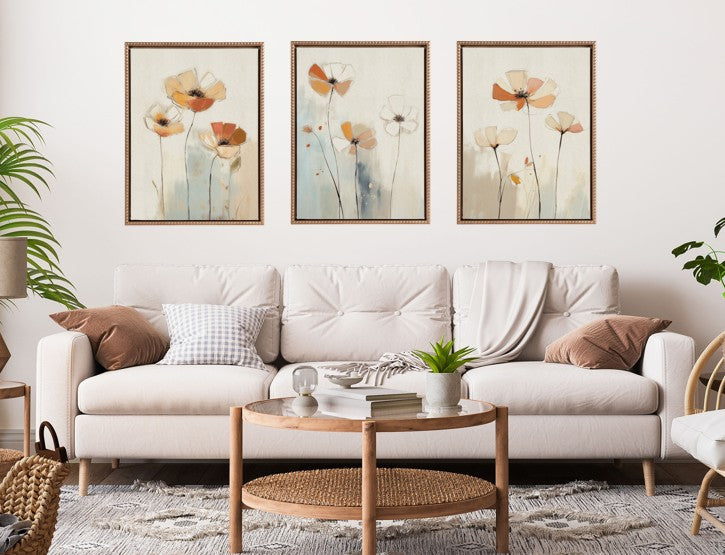 Sylvie Neutral Blue Elegant Country Wildflowers Framed Canvas Art Set by The Creative Bunch Studio