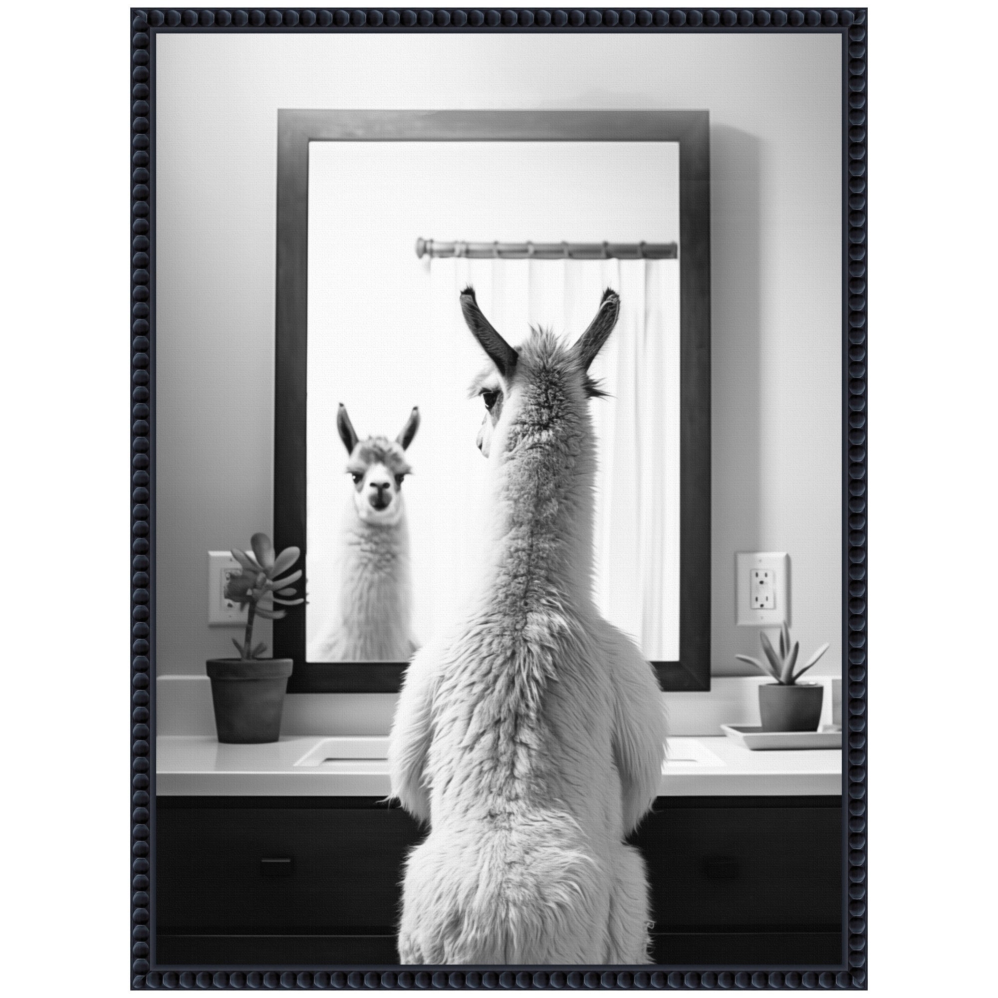 Sylvie Llama Bathroom Art Mirror Black and White Framed Canvas by The Creative Bunch Studio
