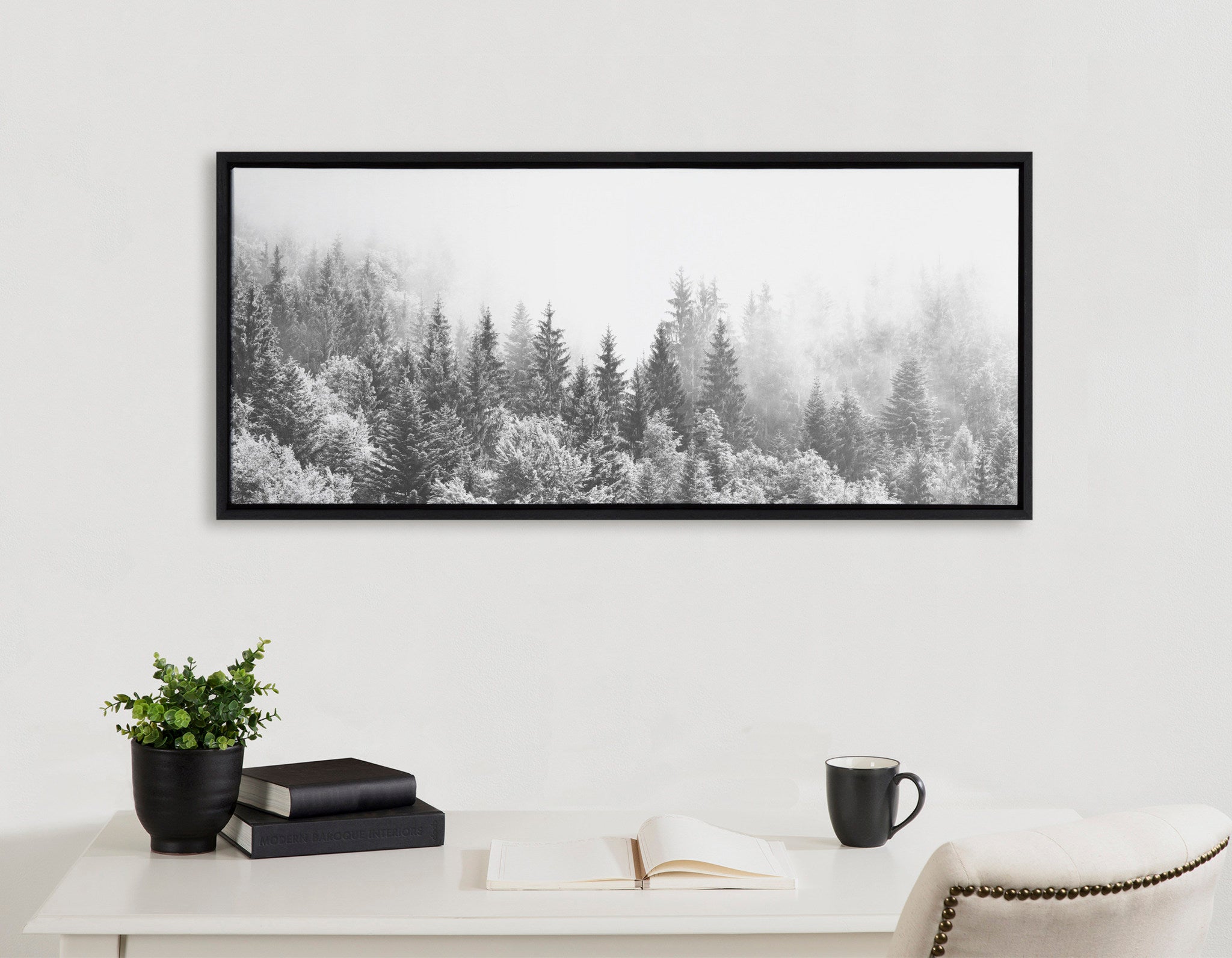 Sylvie Forest On A Foggy Day BW Framed Canvas by The Creative Bunch Studio