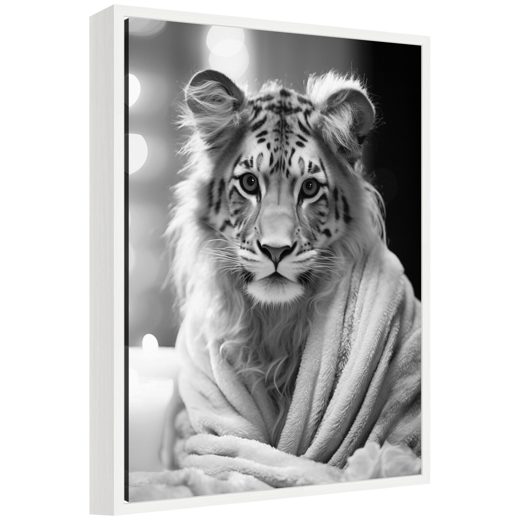 Sylvie Tiger Glam Bathroom Towel Robe Black and White Framed Canvas by The Creative Bunch Studio