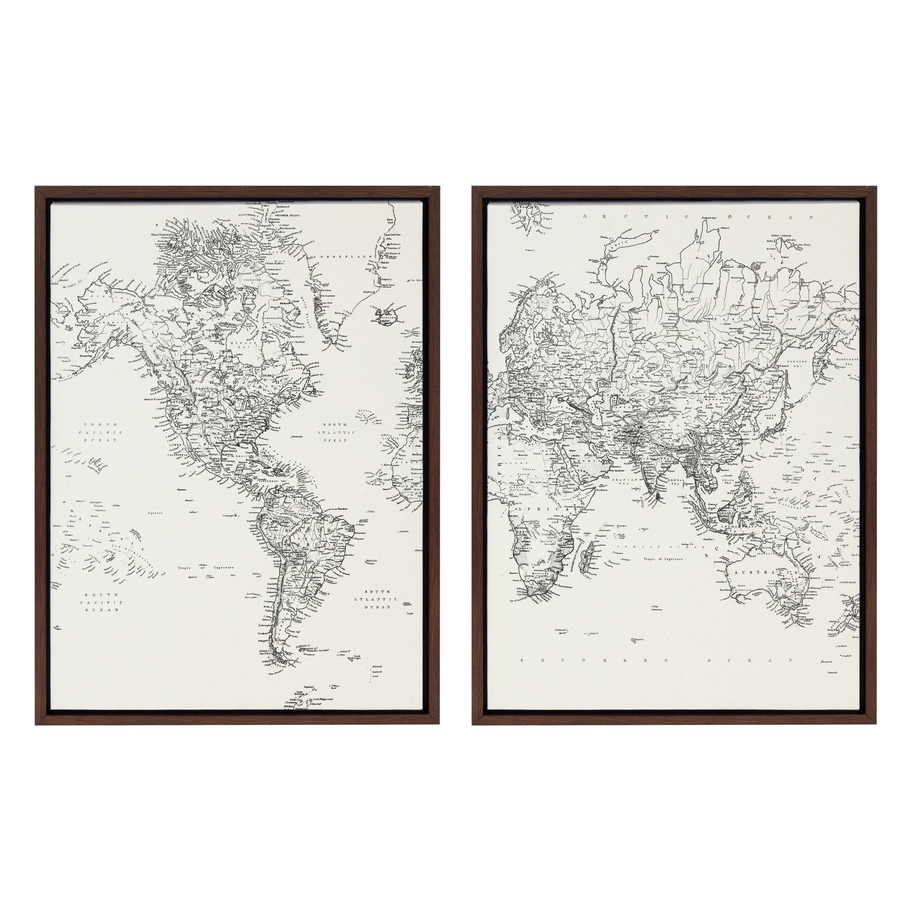 Sylvie Vintage Black and White World Map Framed Canvas Set by The Creative Bunch Studio