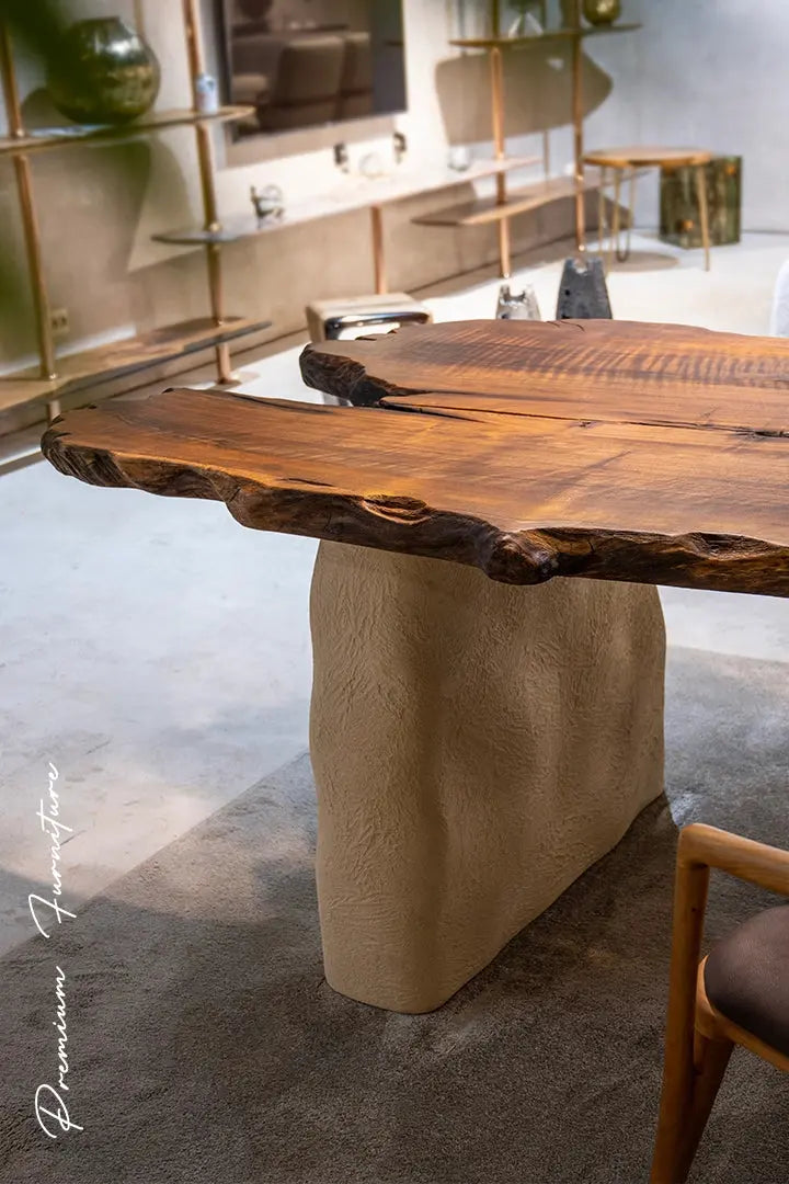 Wabi Sabi Style Luxury Solid Wood Walnut Table with Stone Inspired Legs