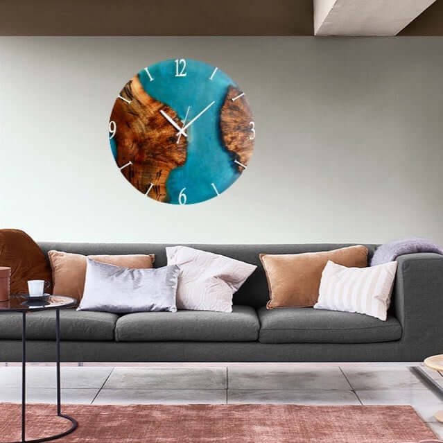 Blue and Wooden Abstract Epoxy Resin Wall Clock For Home Decor-3