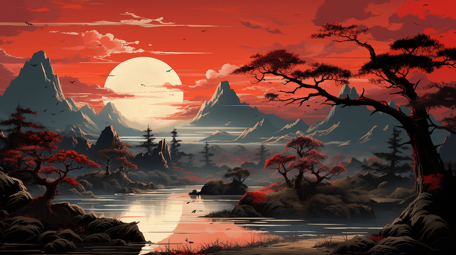 Japanese Zen Landscape Large Japandi Sunset-0