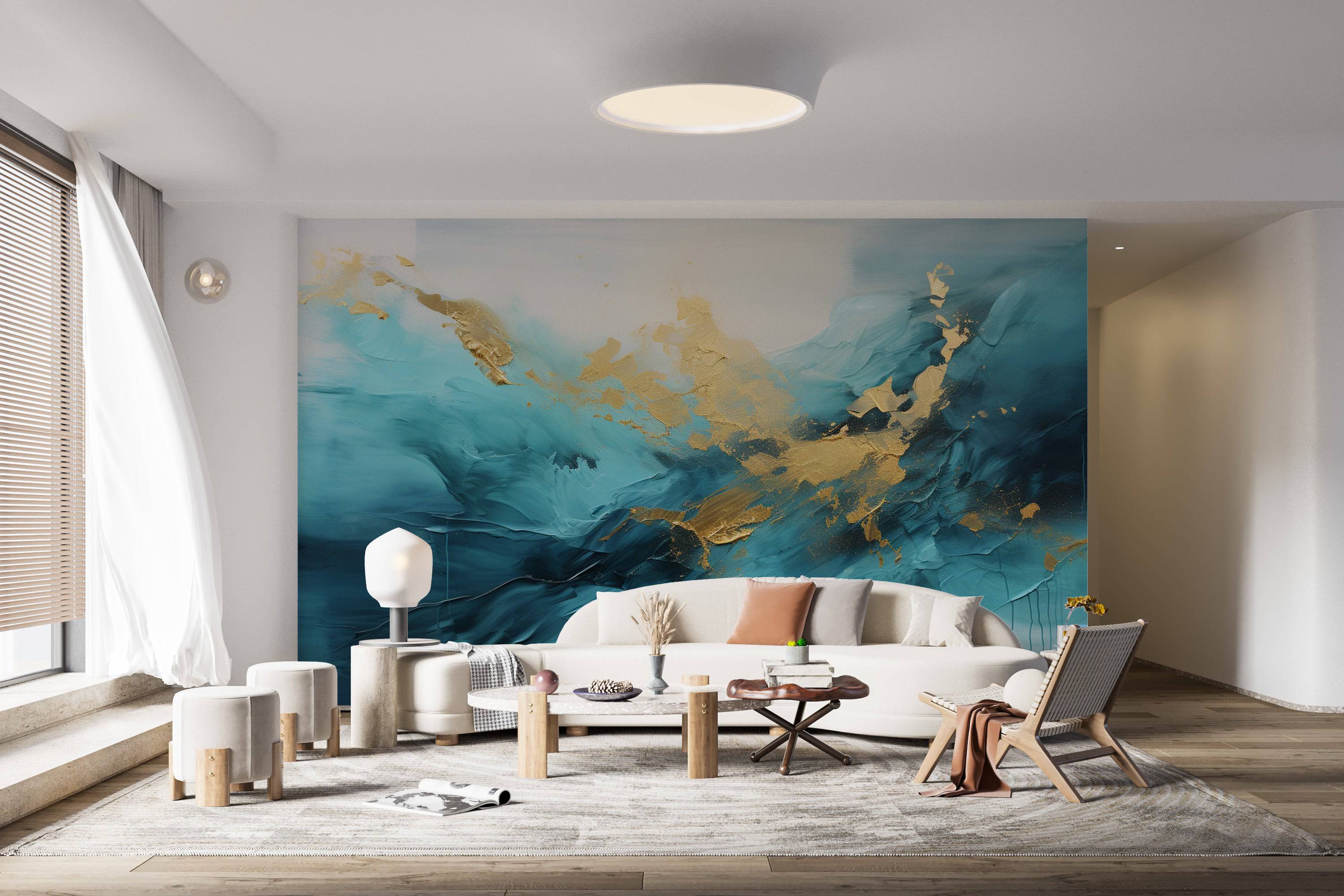 Modern abstract painting in teal and gold colours mural-3