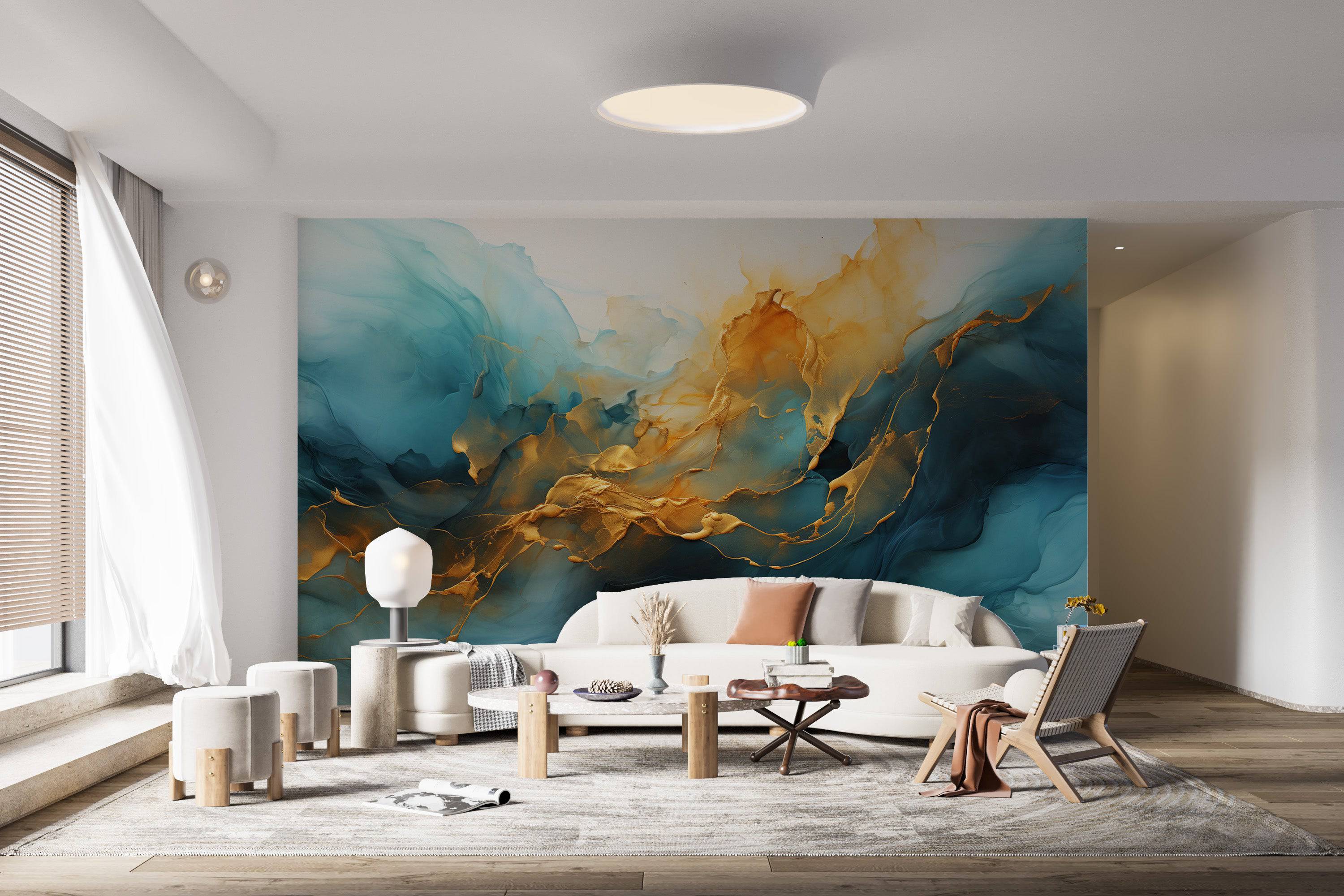 Serene watercolors,  abstract art with blue color flow in the clouds with splashes of gold wallpaper-2