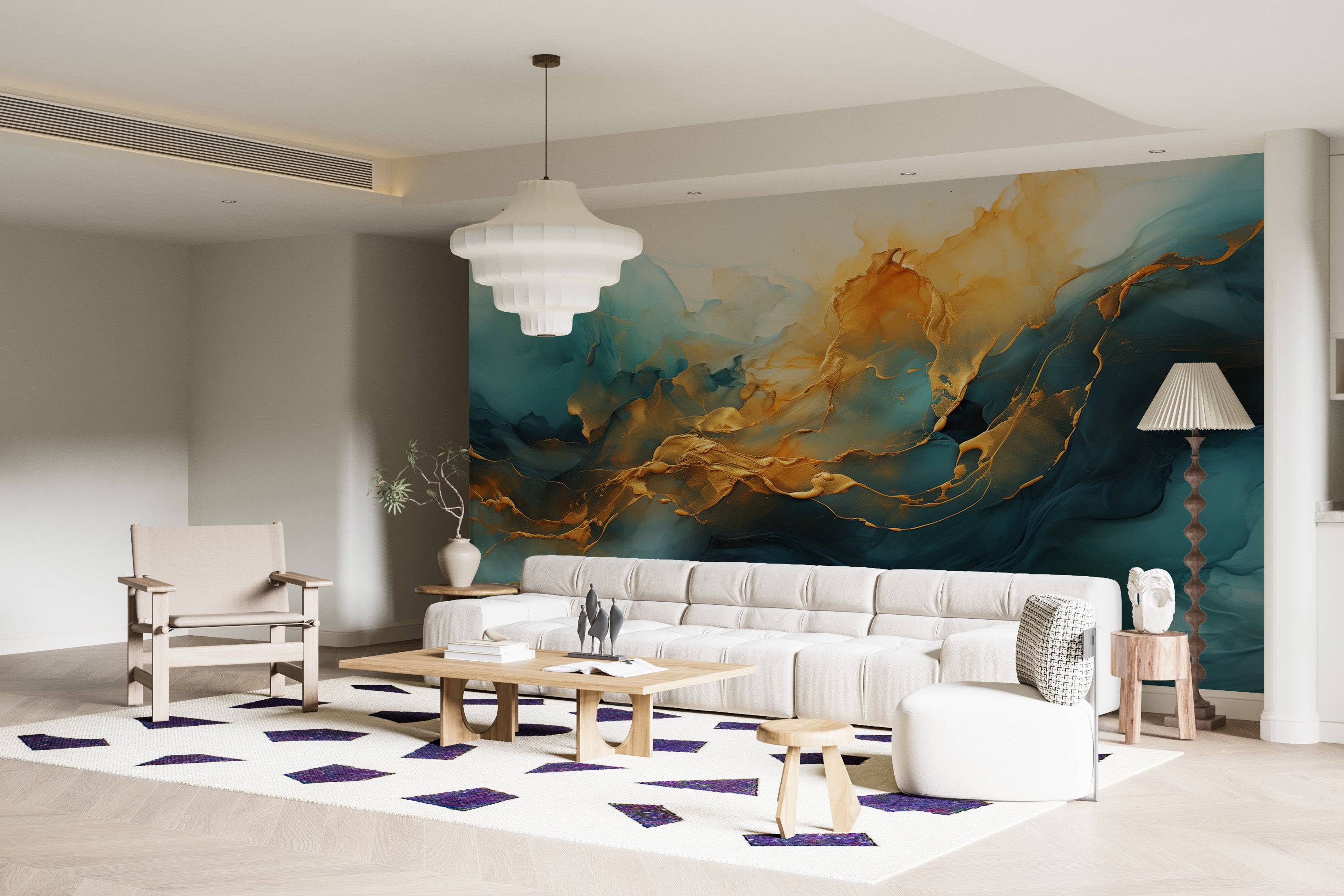 Serene watercolors,  abstract art with blue color flow in the clouds with splashes of gold wallpaper-3