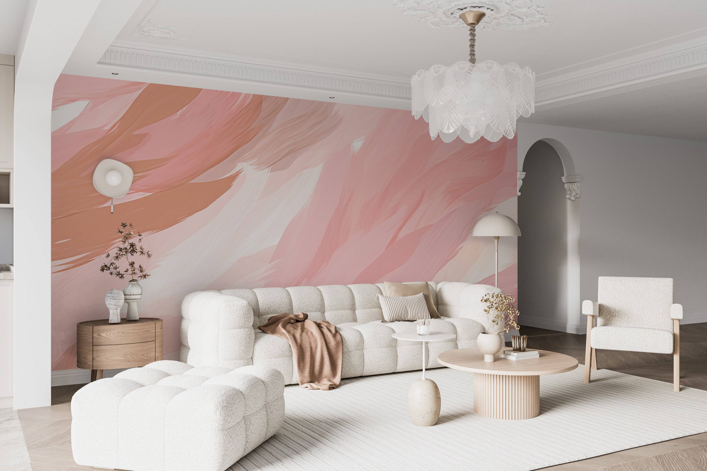 Watercolor Feathers Wallpaper in Pale Pink and White-1