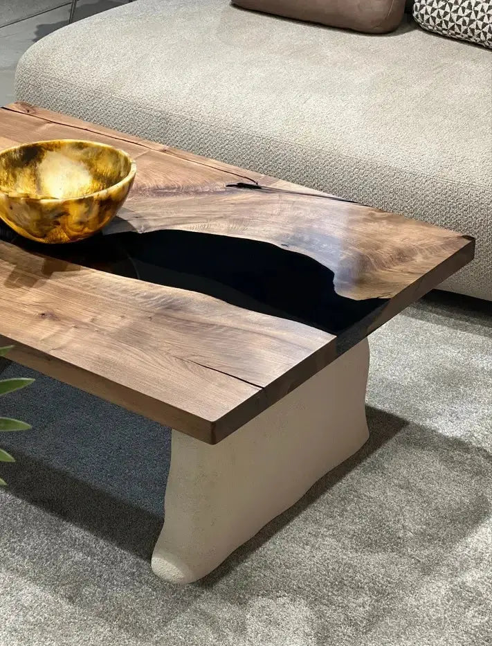Epoxy-Resin Walnut Coffee Table With Stone Looking Legs