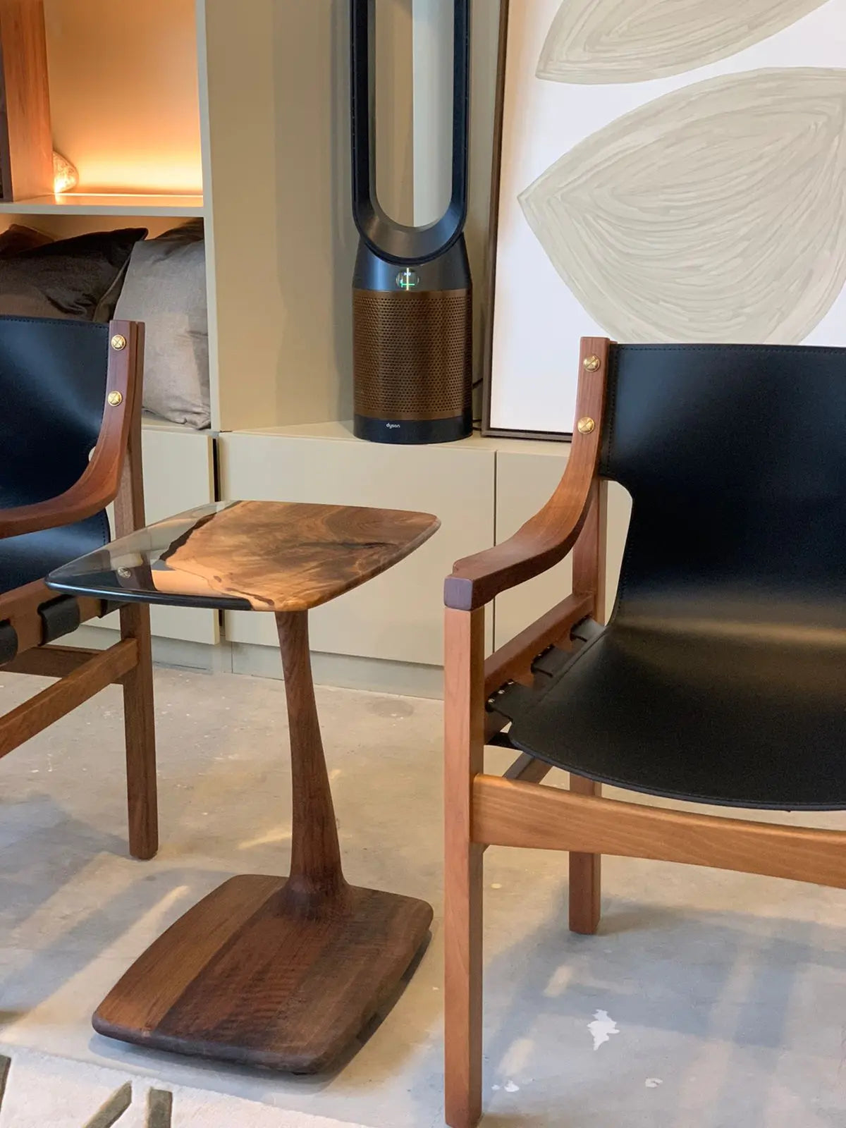 C-Shaped Walnut & Resin End Table with Wheels