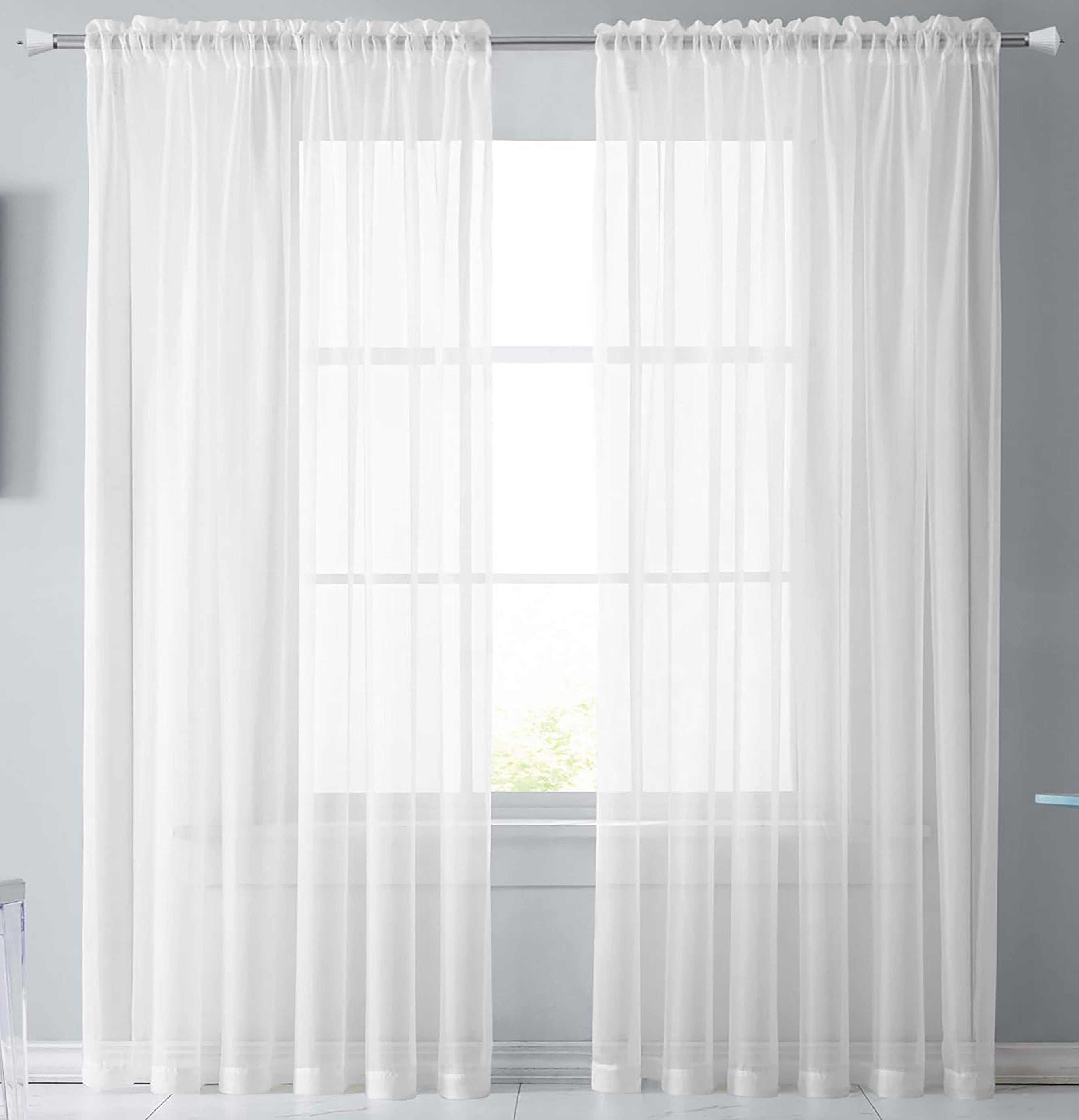 63" Inches Long - White Sheer Window Rod Pocket Curtain Set (2 Panels)