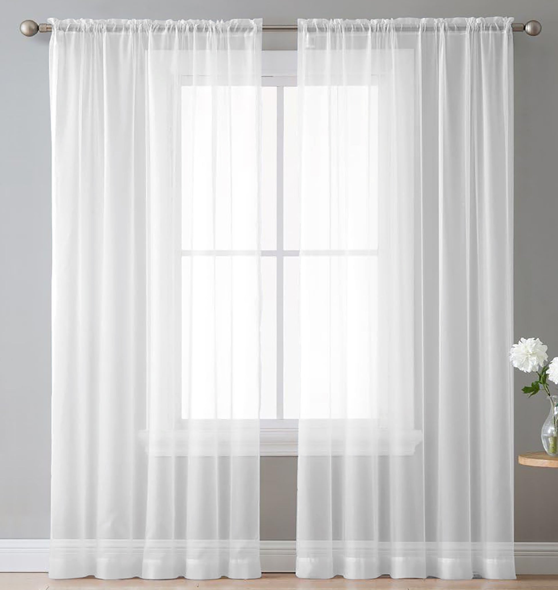 84" Inches Long - White Sheer Window Rod Pocket Curtain Set (2 Panels)