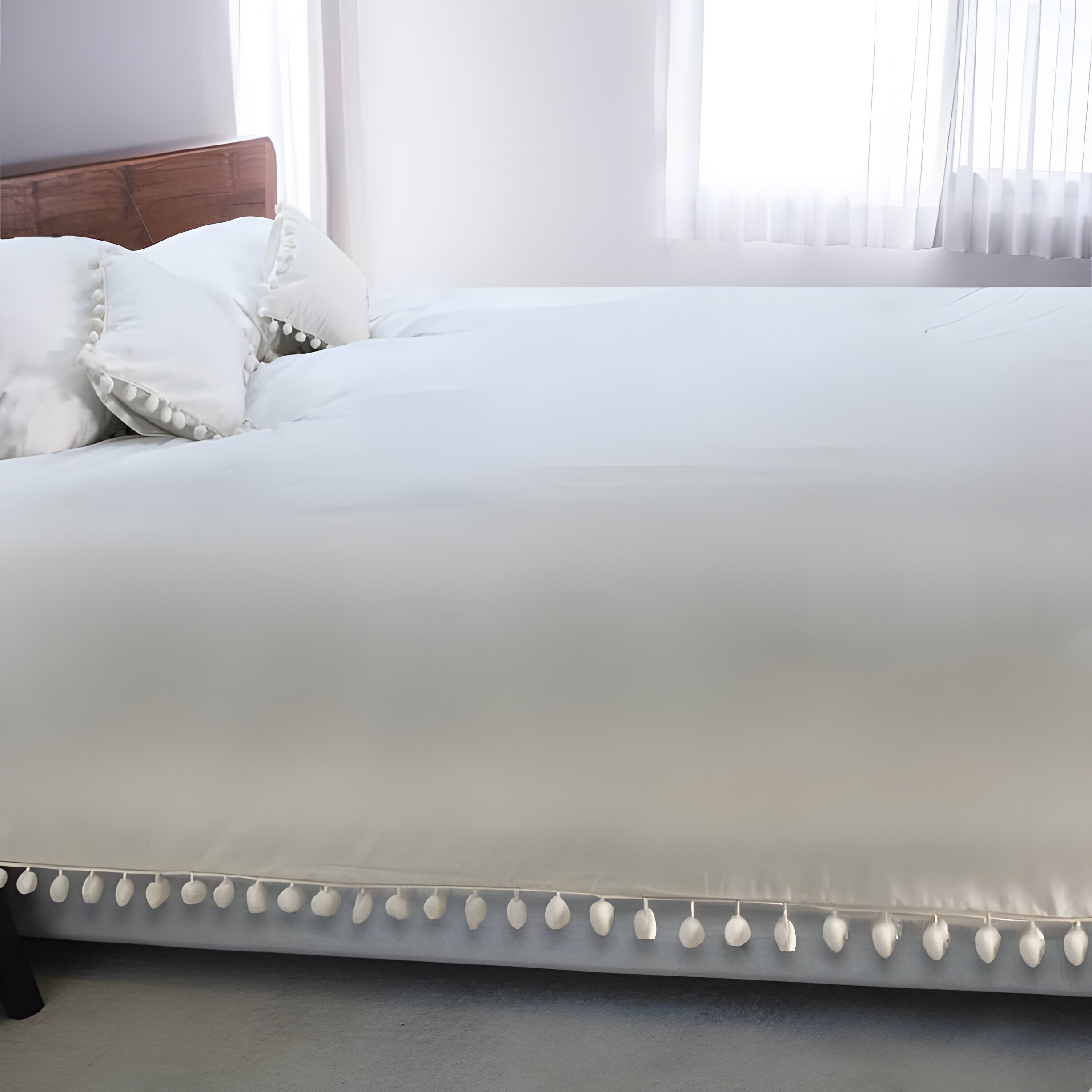 400TC Cotton Pom Fringe Sateen Solid Tone Boho Duvet Cover Set
