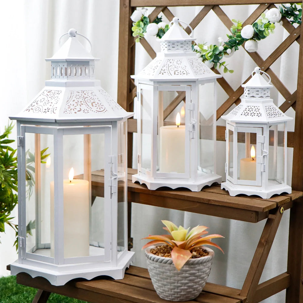 Set of 3 18''&13"&10"High White Hexagonal Decorative Hanging Lantern-3