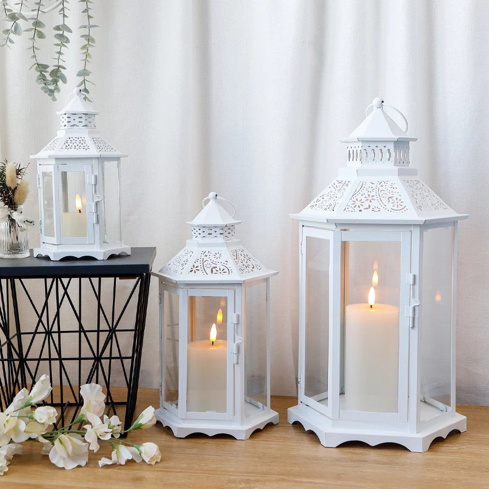 Set of 3 18''&13"&10"High White Hexagonal Decorative Hanging Lantern-2