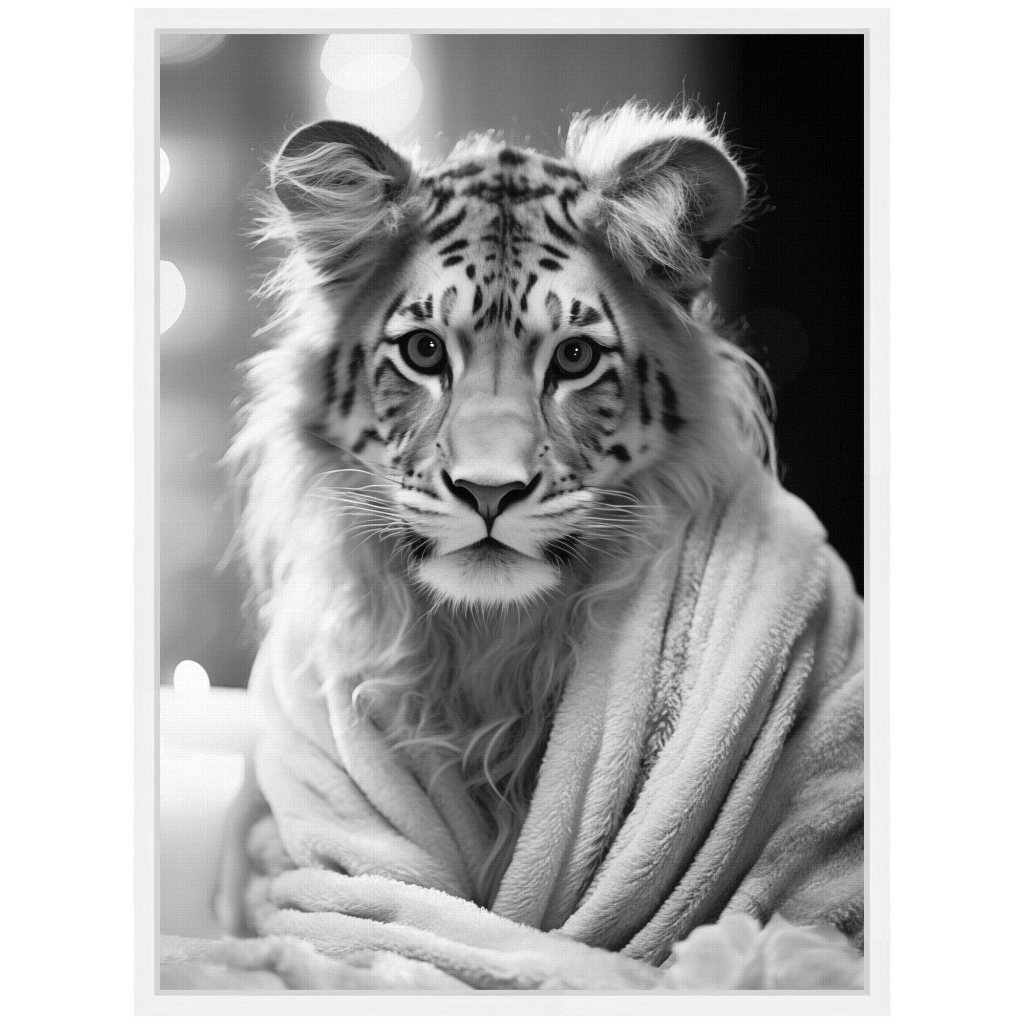 Sylvie Tiger Glam Bathroom Towel Robe Black and White Framed Canvas by The Creative Bunch Studio