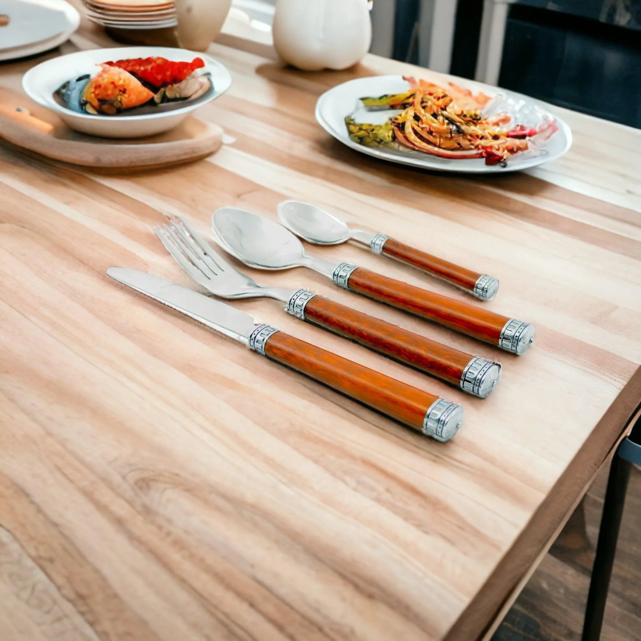 Wood Handle Flatware - 24 Piece Flatware Set for Serving Six
