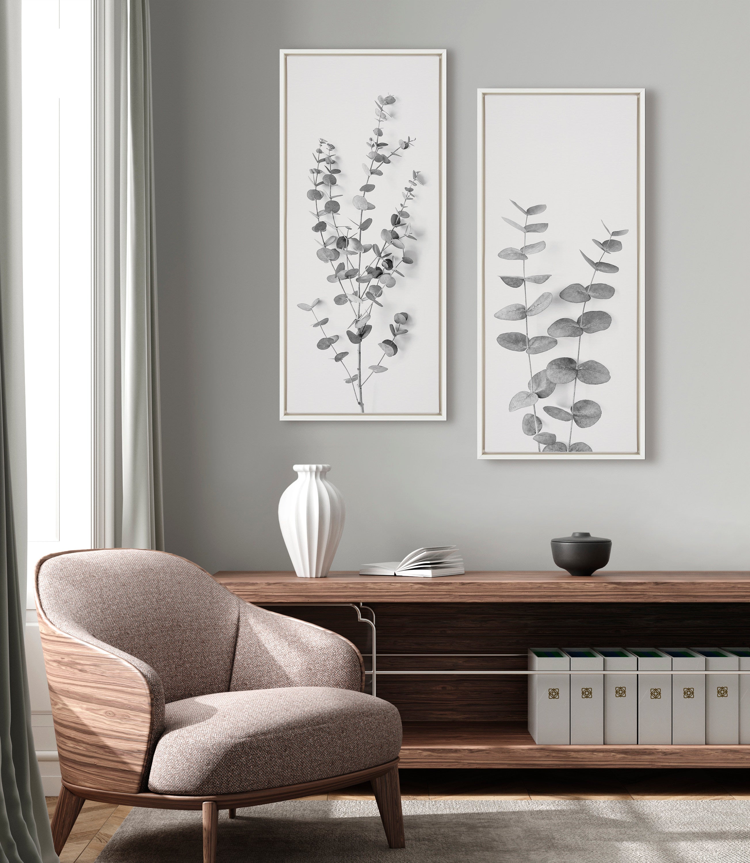 Sylvie Eucalyptus Botanical II Gray and Soft White Framed Canvas by The Creative Bunch Studio