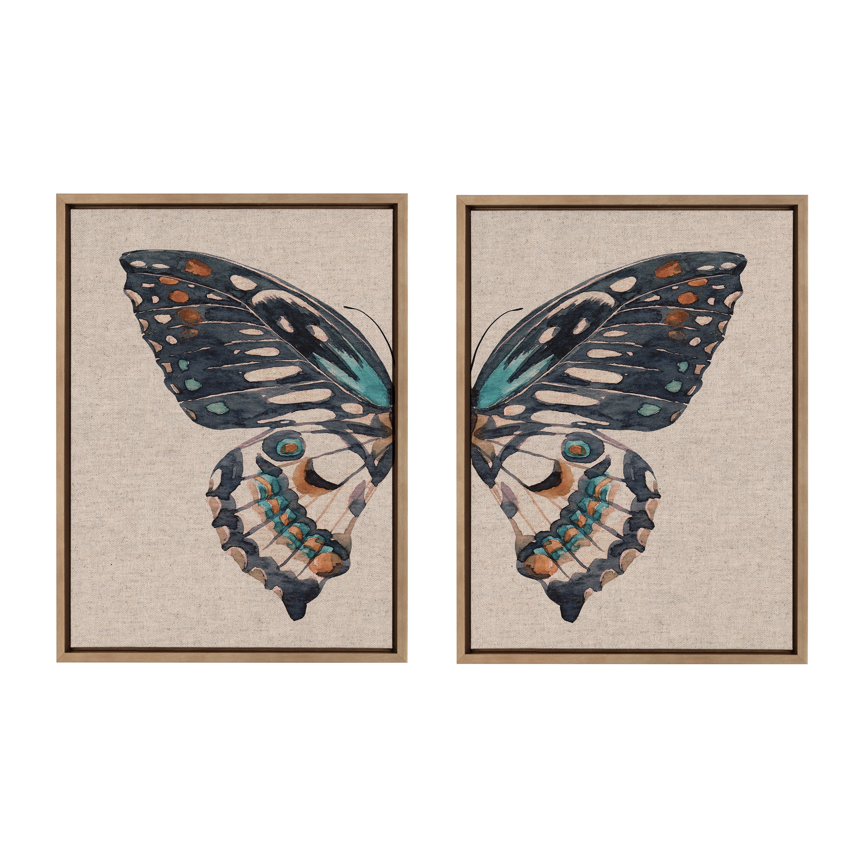 Sylvie Boho Butterfly Watercolor Diptych Neutral Linen Framed Canvas Art Set by The Creative Bunch Studio