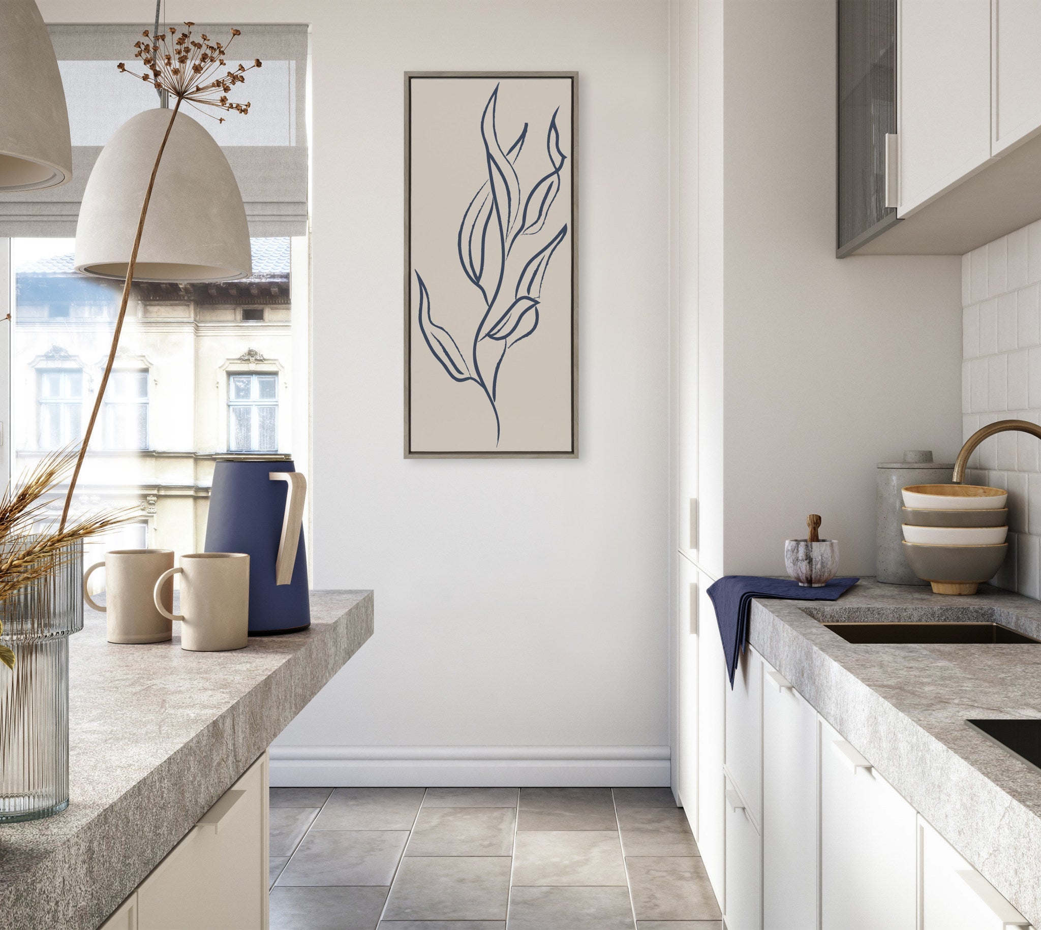 Sylvie Muted Illustrated Botanical Dark Blue and Tan Framed Canvas by The Creative Bunch Studio