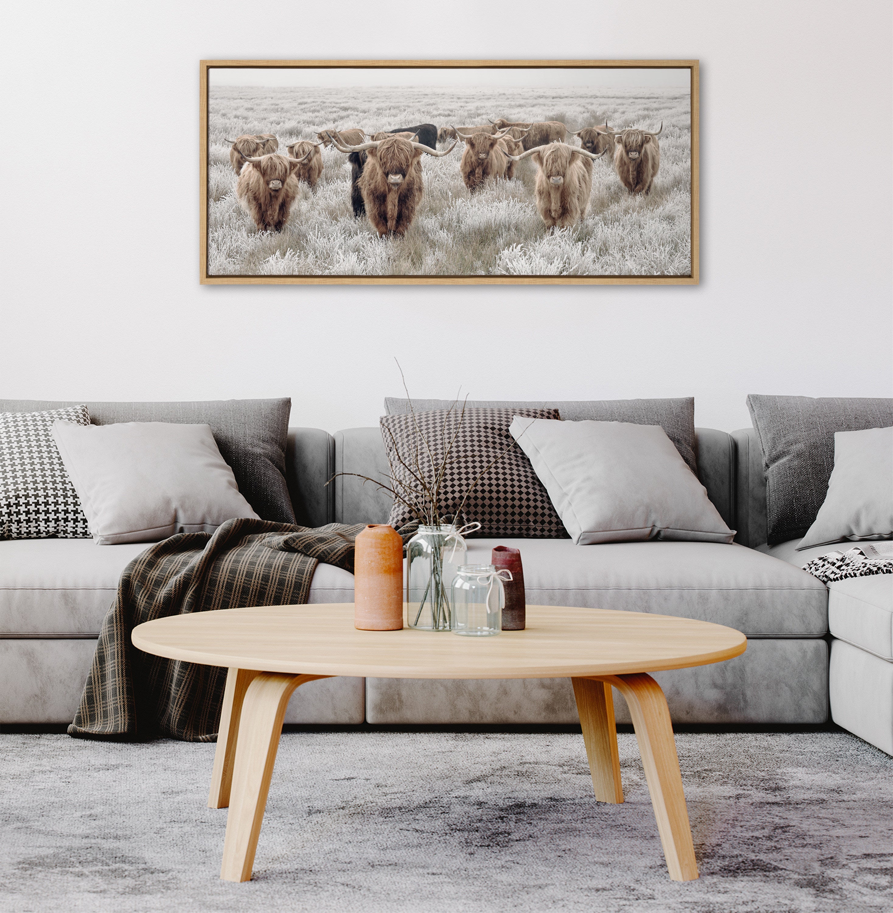 Sylvie Herd of Highland Cows Color Framed Canvas by The Creative Bunch Studio