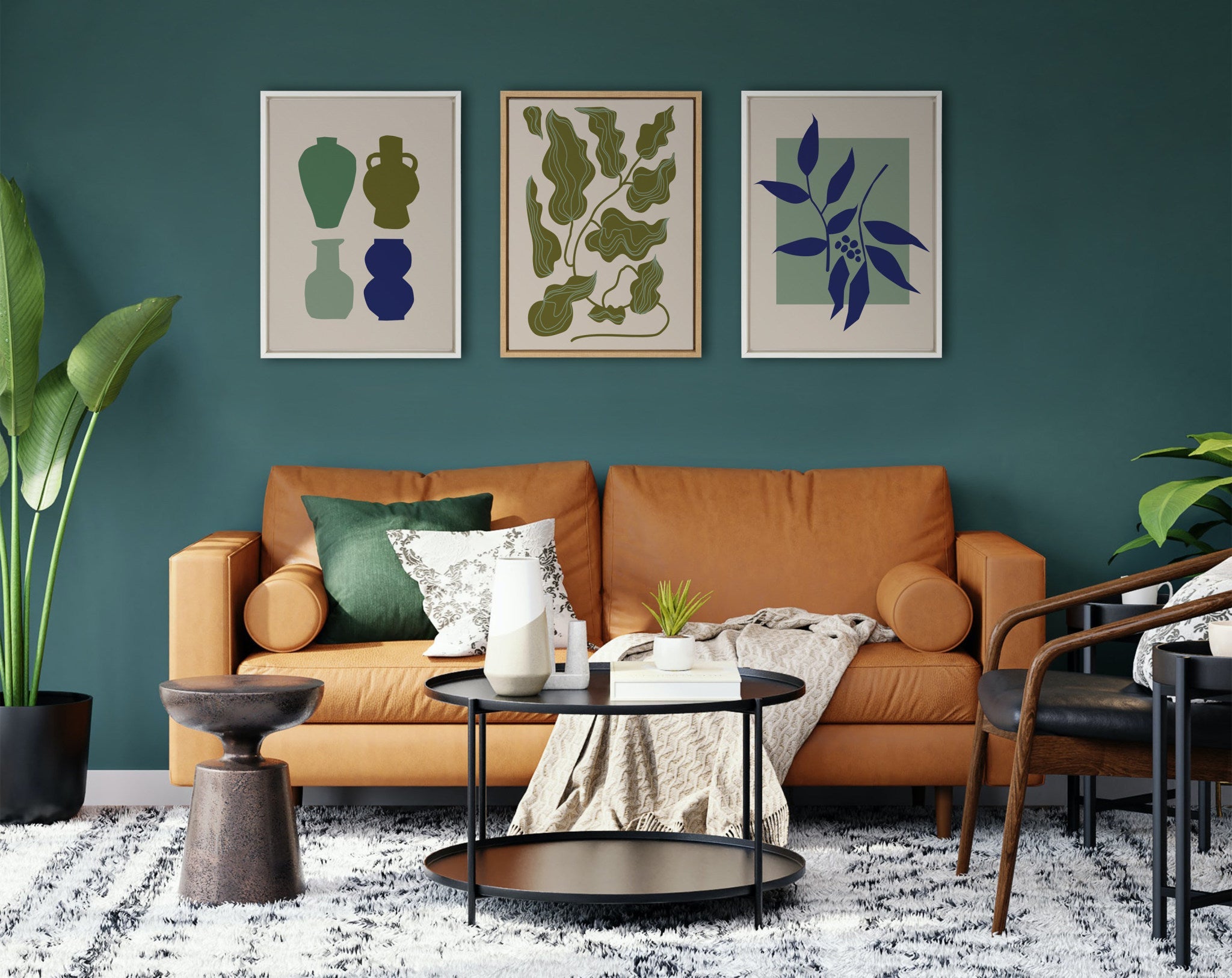 Sylvie Colorful Retro Botanical Green and Blue Framed Canvas by The Creative Bunch Studio