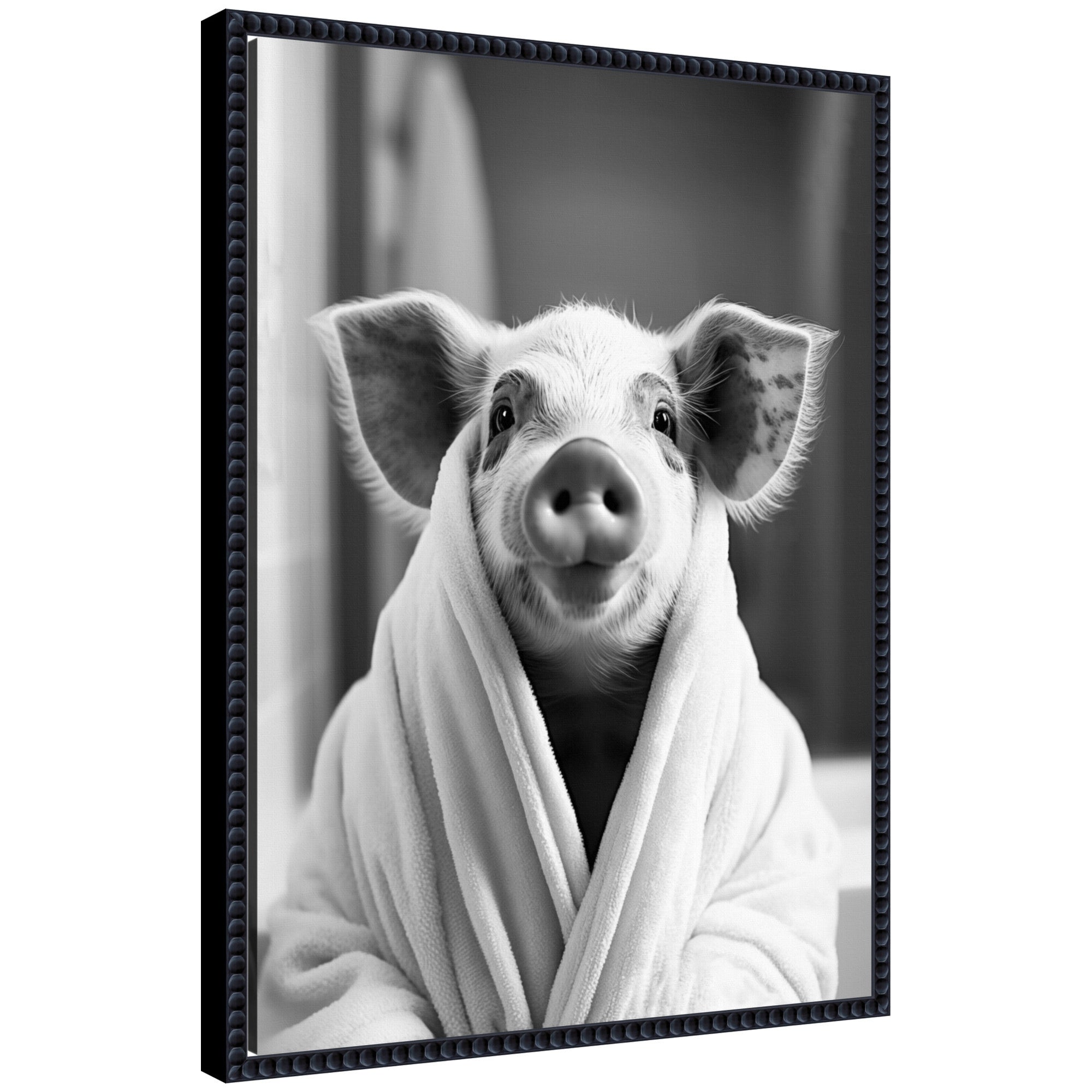 Sylvie Pig Bathroom Art Towel Robe Black and White Framed Canvas by The Creative Bunch Studio