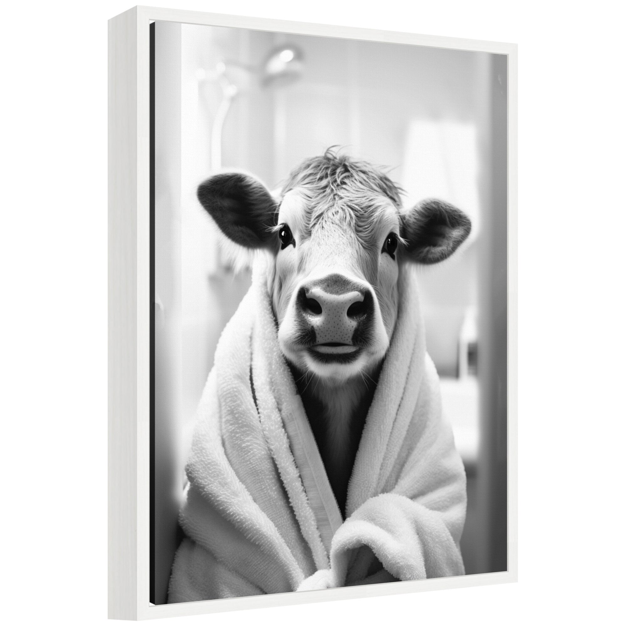 Sylvie Cow Bathroom Art Towel Robe Black and White Framed Canvas by The Creative Bunch Studio
