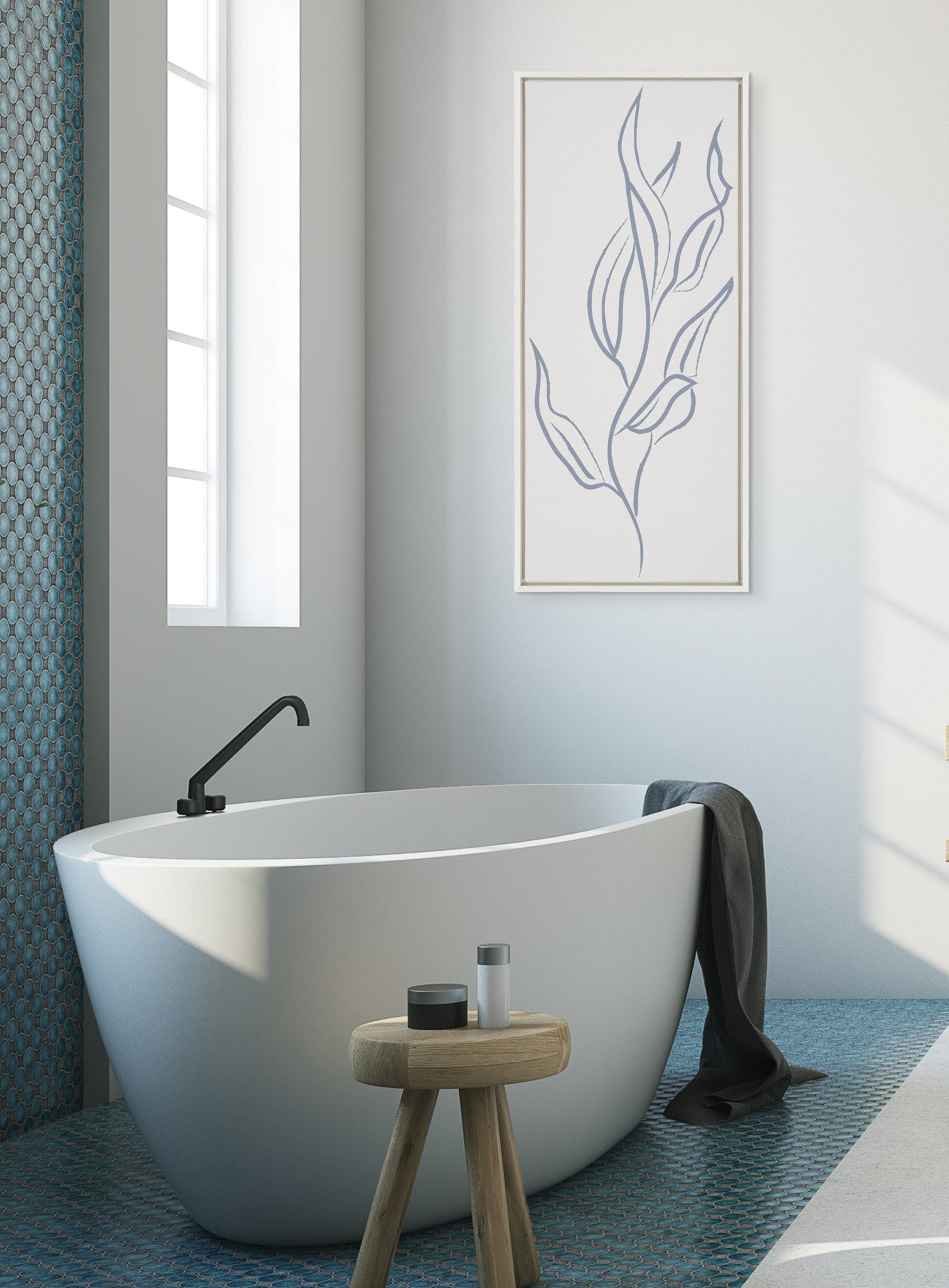 Sylvie Muted Illustrated Botanical Light Blue and Beige Framed Canvas by The Creative Bunch Studio