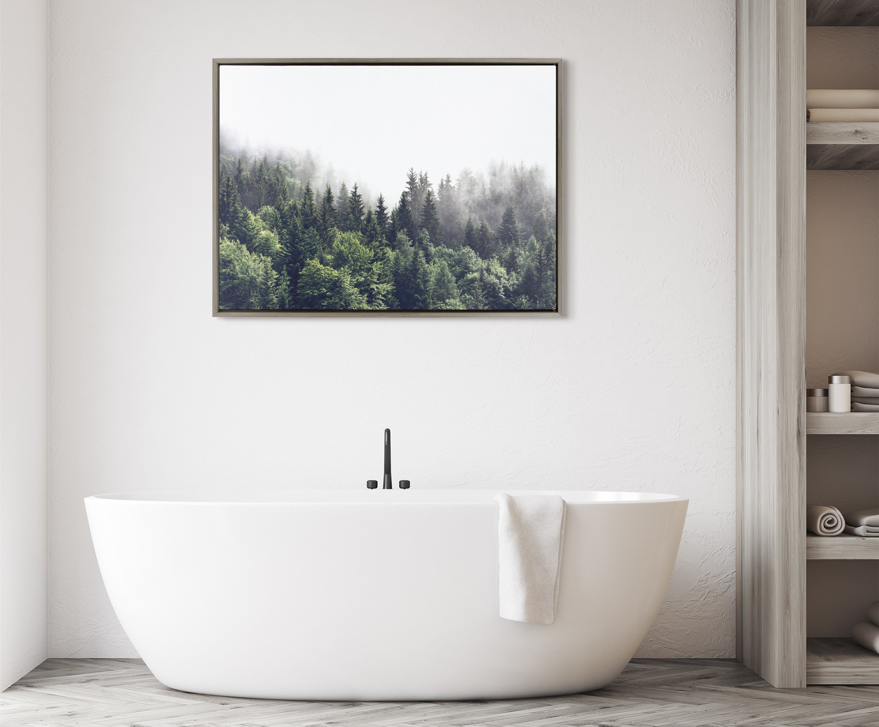 Sylvie Lush Green Forest On A Foggy Day Framed Canvas by The Creative Bunch Studio