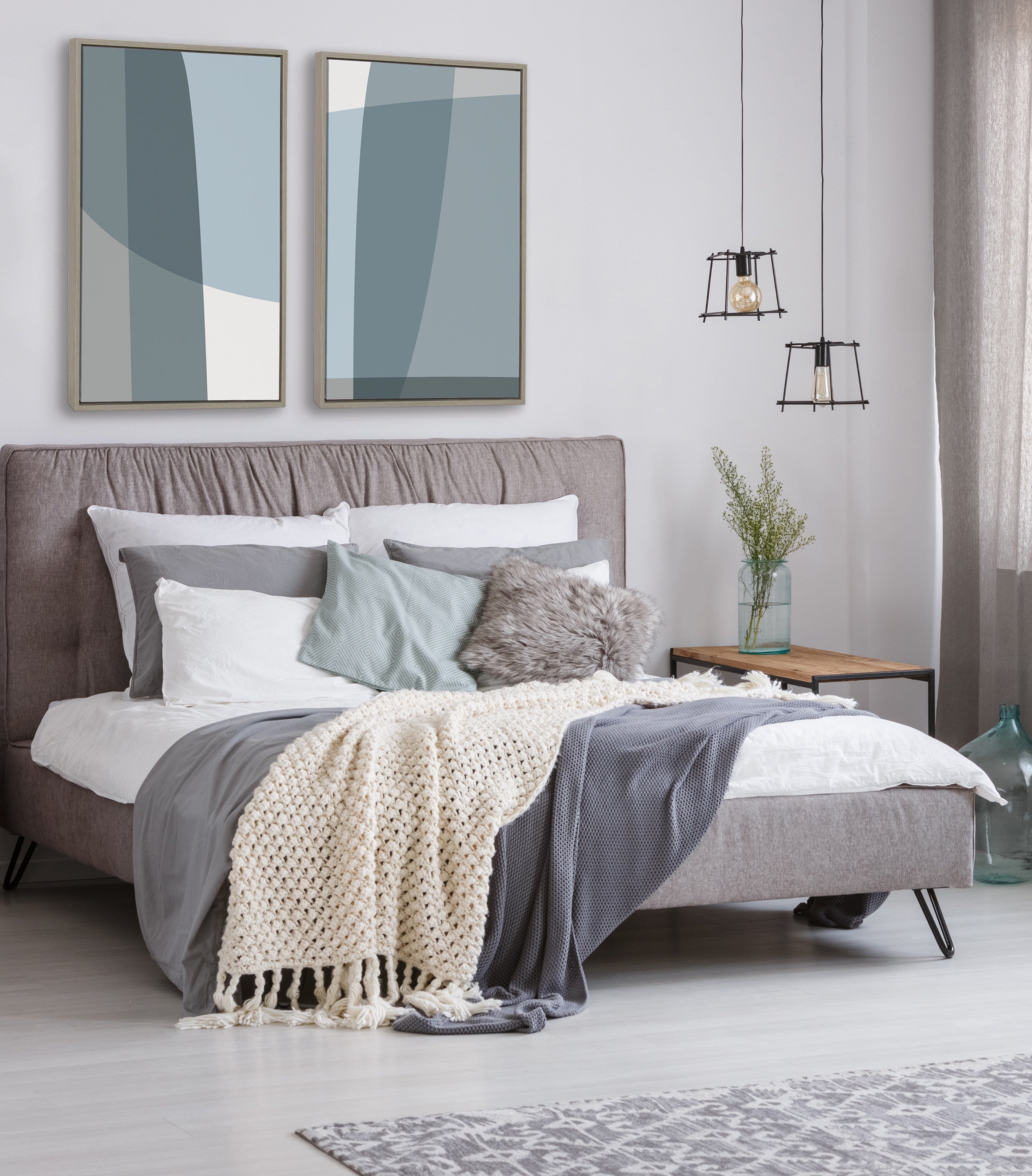 Sylvie Zen Abstract Blue and Gray Stones No 1 and No 2 Framed Canvas by The Creative Bunch Studio