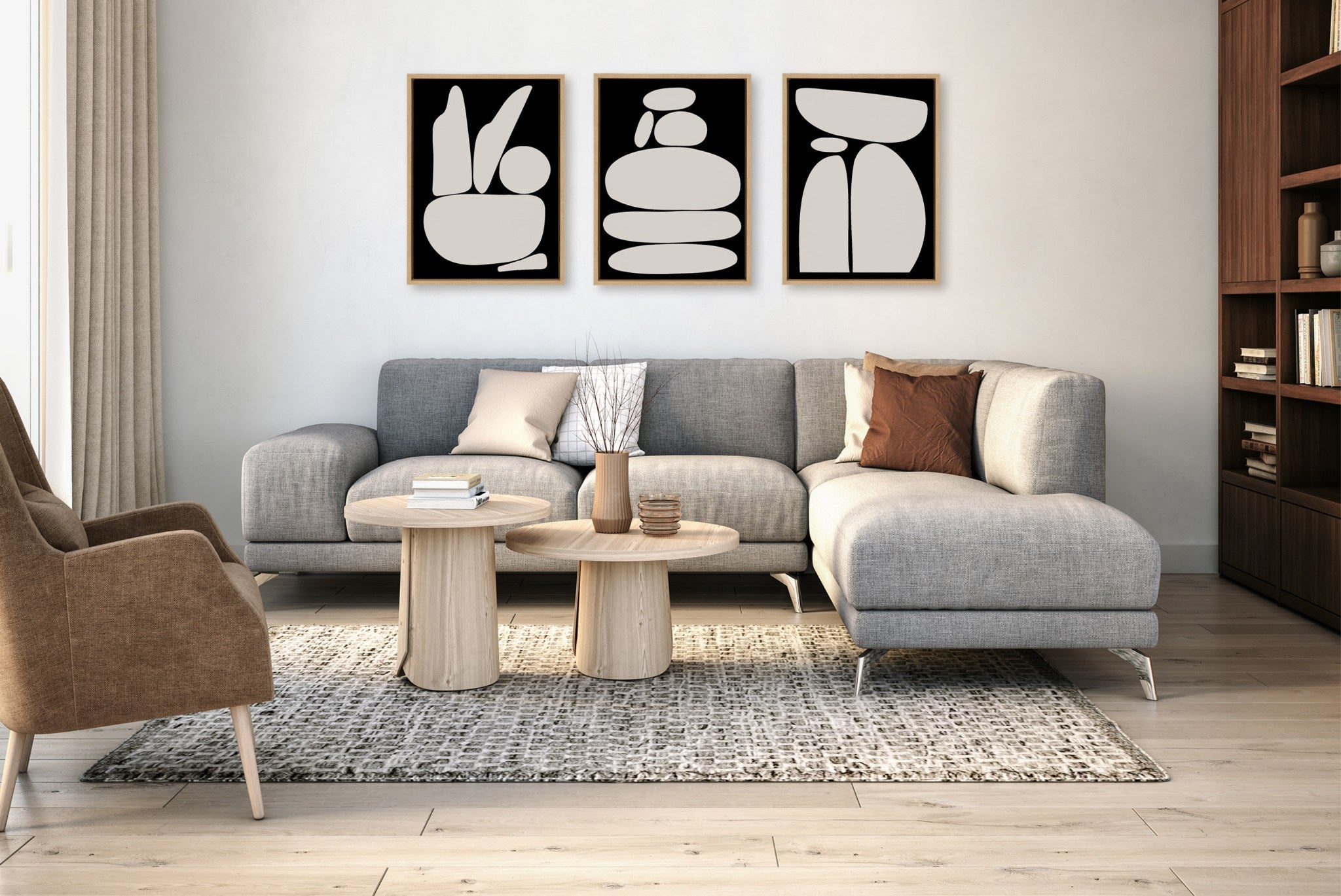 Sylvie Zen Rock Garden Black and Tan Framed Canvas Set by The Creative Bunch Studio