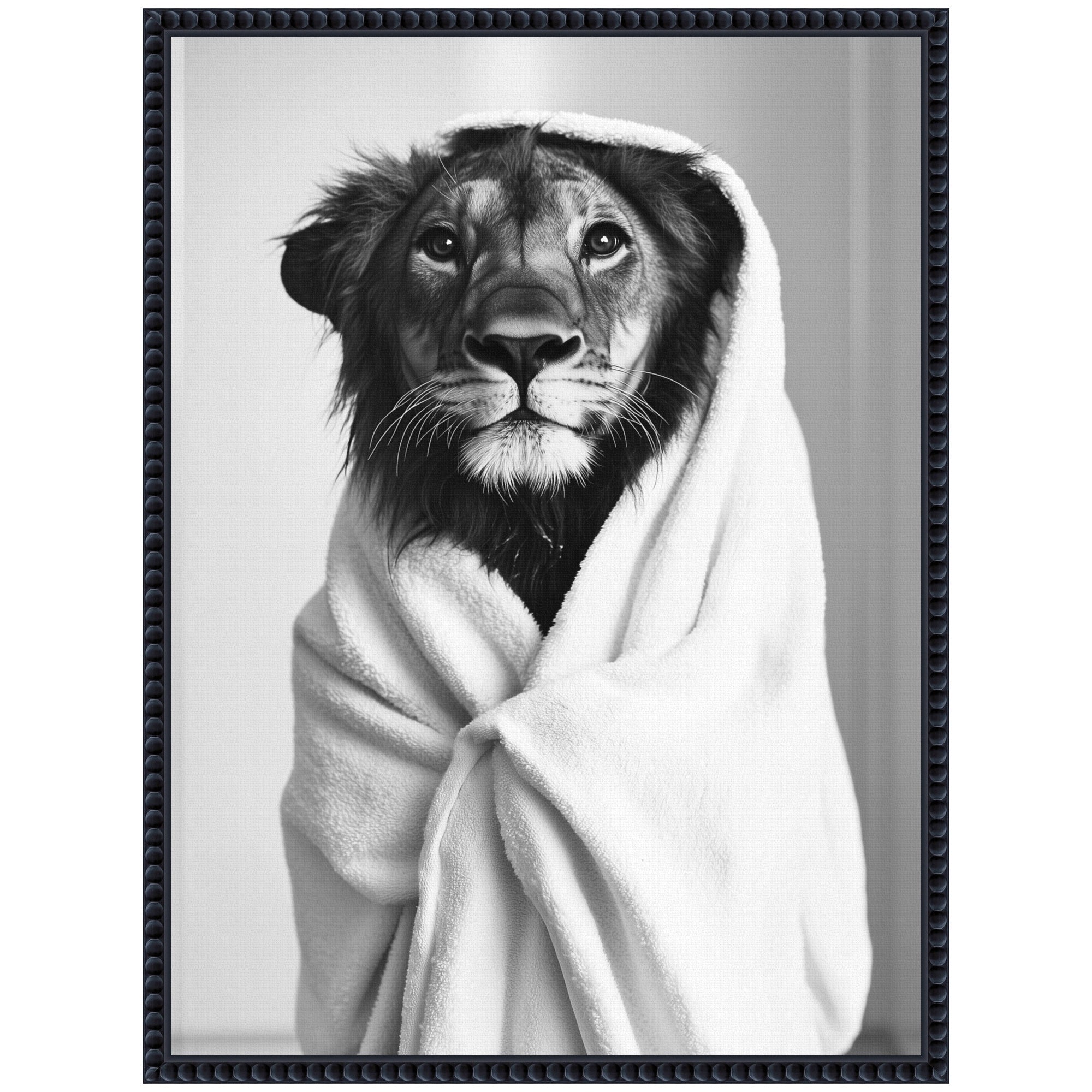 Sylvie Lioness Bathroom Art Towel Robe Black and White Framed Canvas by The Creative Bunch Studio