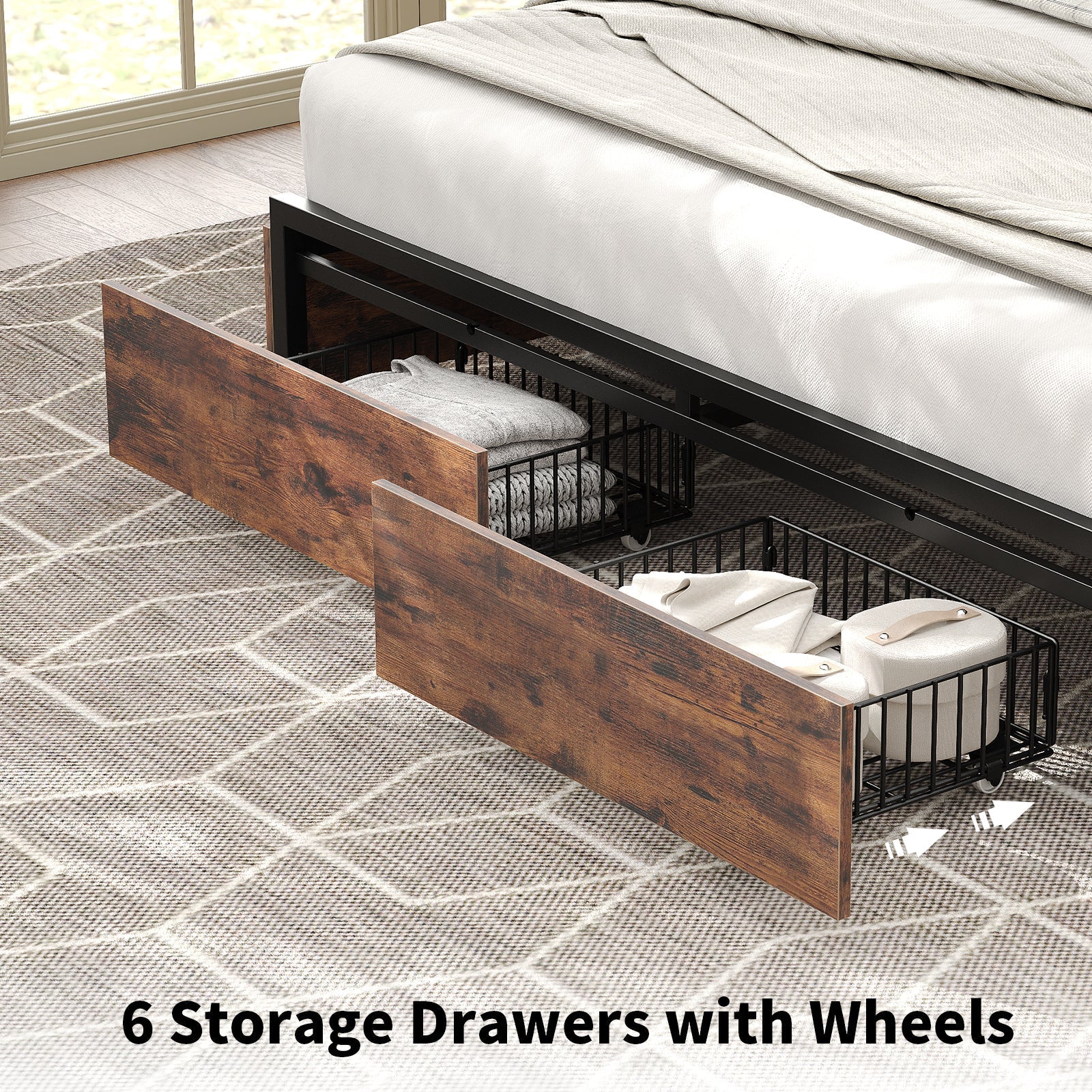 Vektaya US-BF012-BR Full/Queen/King Bed Frame with LED Headboard, Charging Ports, 6 Storage Drawers, Shelf, Easy Assembly, No Box Spring Needed