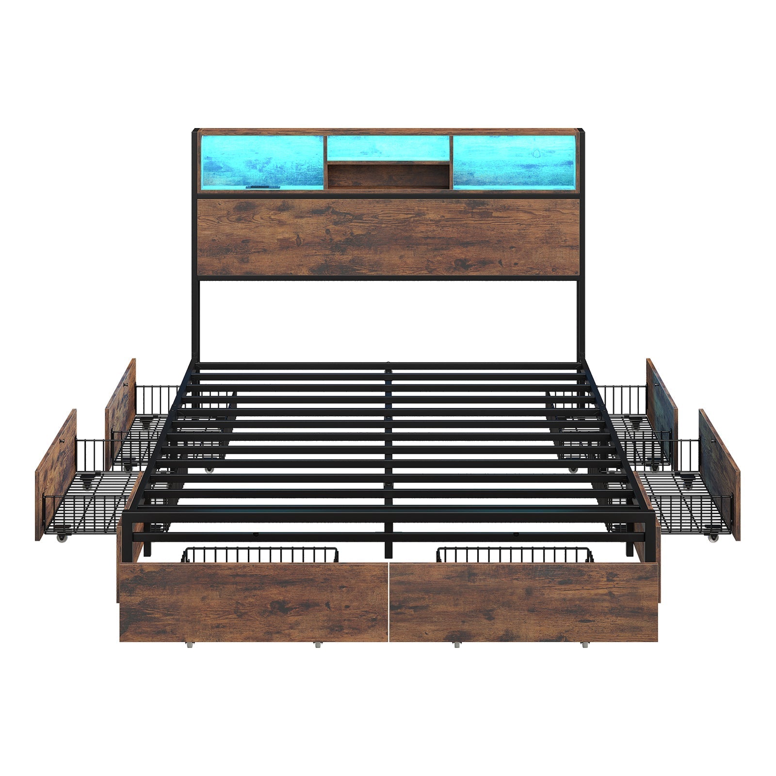 Vektaya US-BF012-BR Full/Queen/King Bed Frame with LED Headboard, Charging Ports, 6 Storage Drawers, Shelf, Easy Assembly, No Box Spring Needed