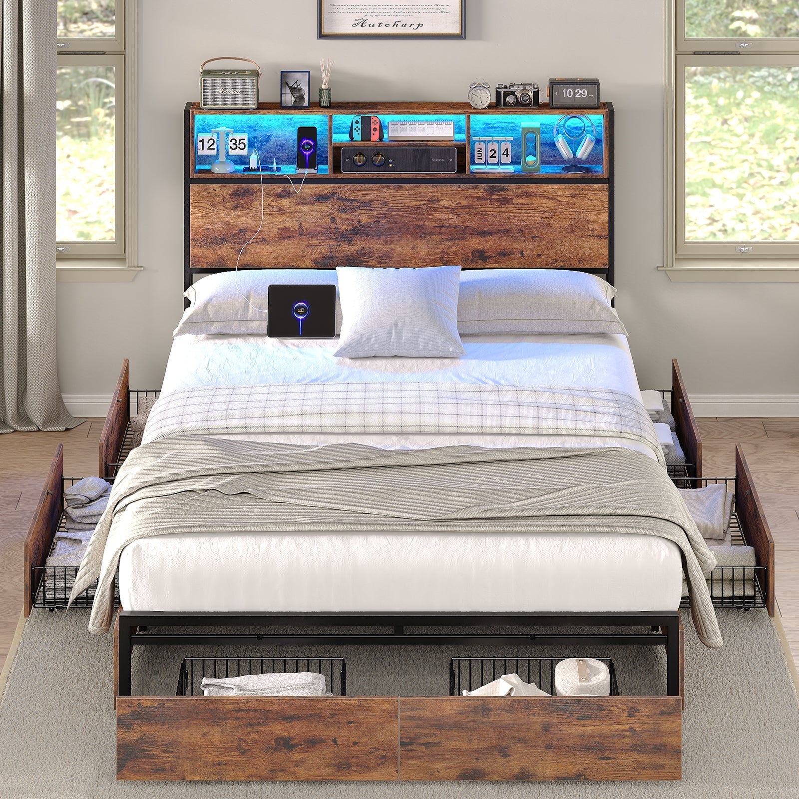 Vektaya US-BF012-BR Full/Queen/King Bed Frame with LED Headboard, Charging Ports, 6 Storage Drawers, Shelf, Easy Assembly, No Box Spring Needed