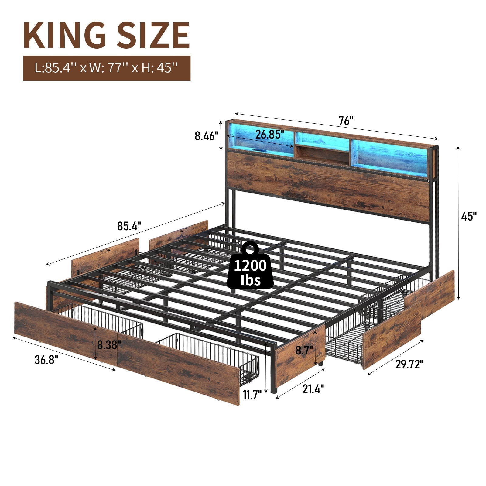 Yanosaku BF012-BR Full/Queen/King Bed Frame with LED Headboard, Charging Ports, 6 Storage Drawers, Shelf, Easy Assembly, No Box Spring Needed-3