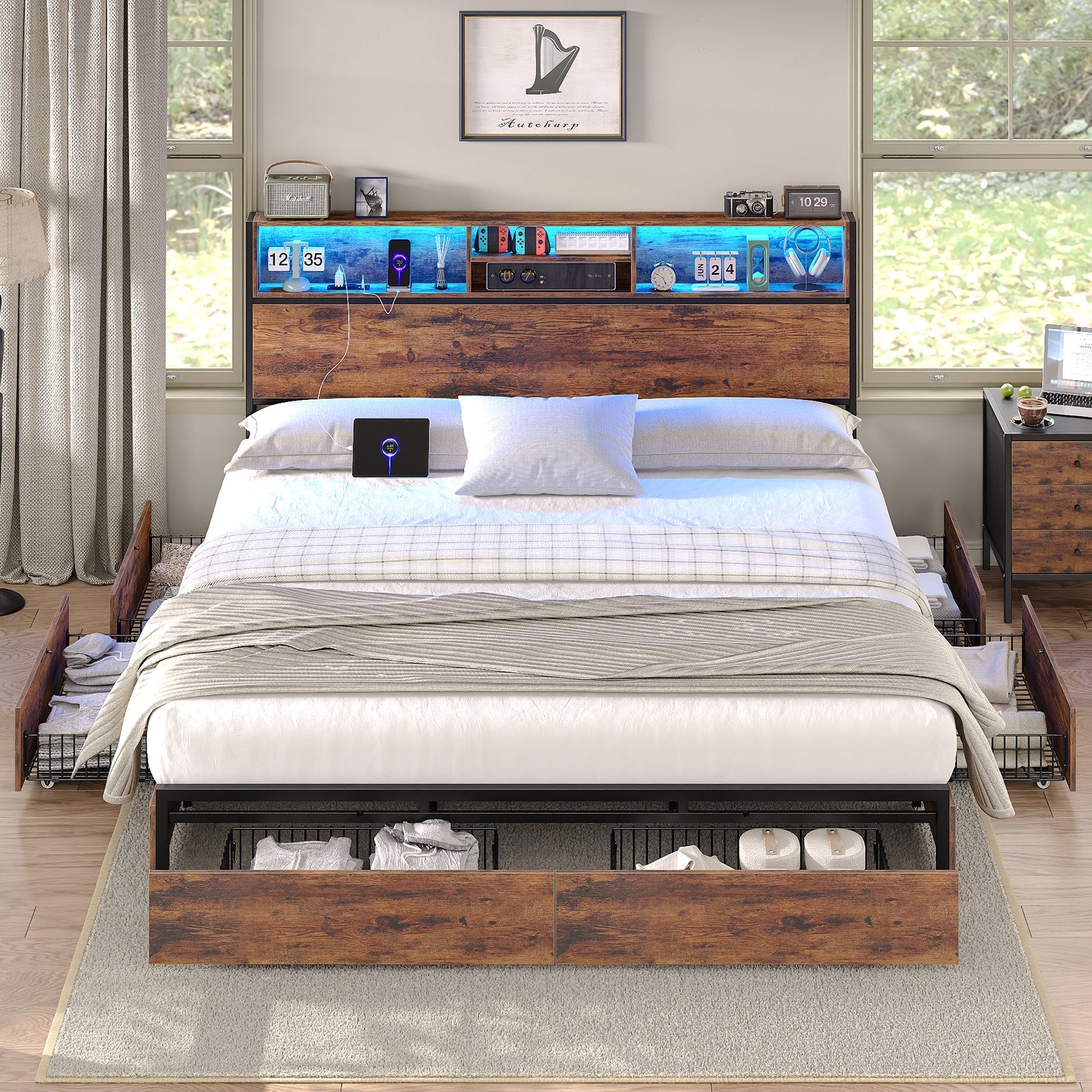 Vektaya US-BF012-BR Full/Queen/King Bed Frame with LED Headboard, Charging Ports, 6 Storage Drawers, Shelf, Easy Assembly, No Box Spring Needed