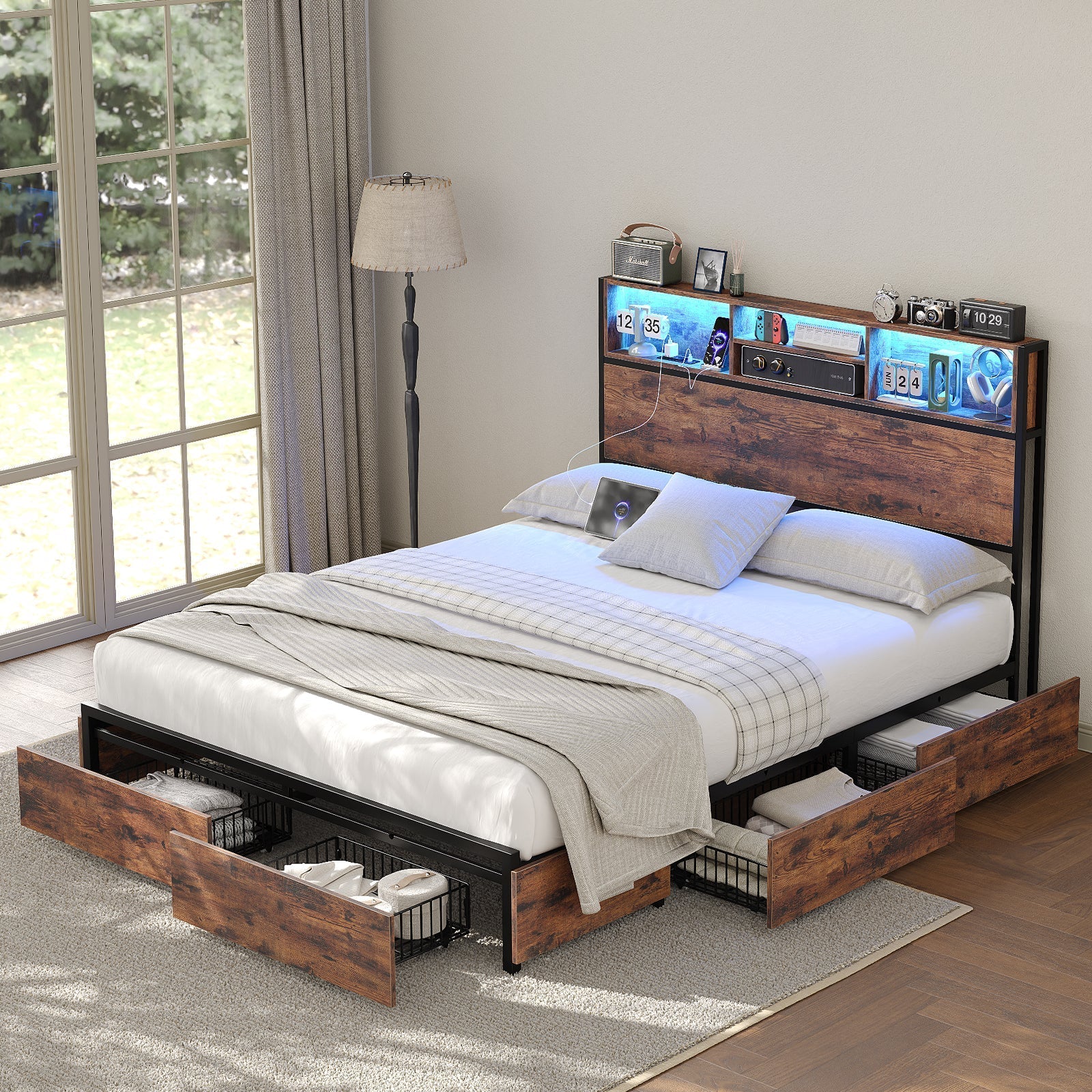 Vektaya US-BF012-BR Full/Queen/King Bed Frame with LED Headboard, Charging Ports, 6 Storage Drawers, Shelf, Easy Assembly, No Box Spring Needed