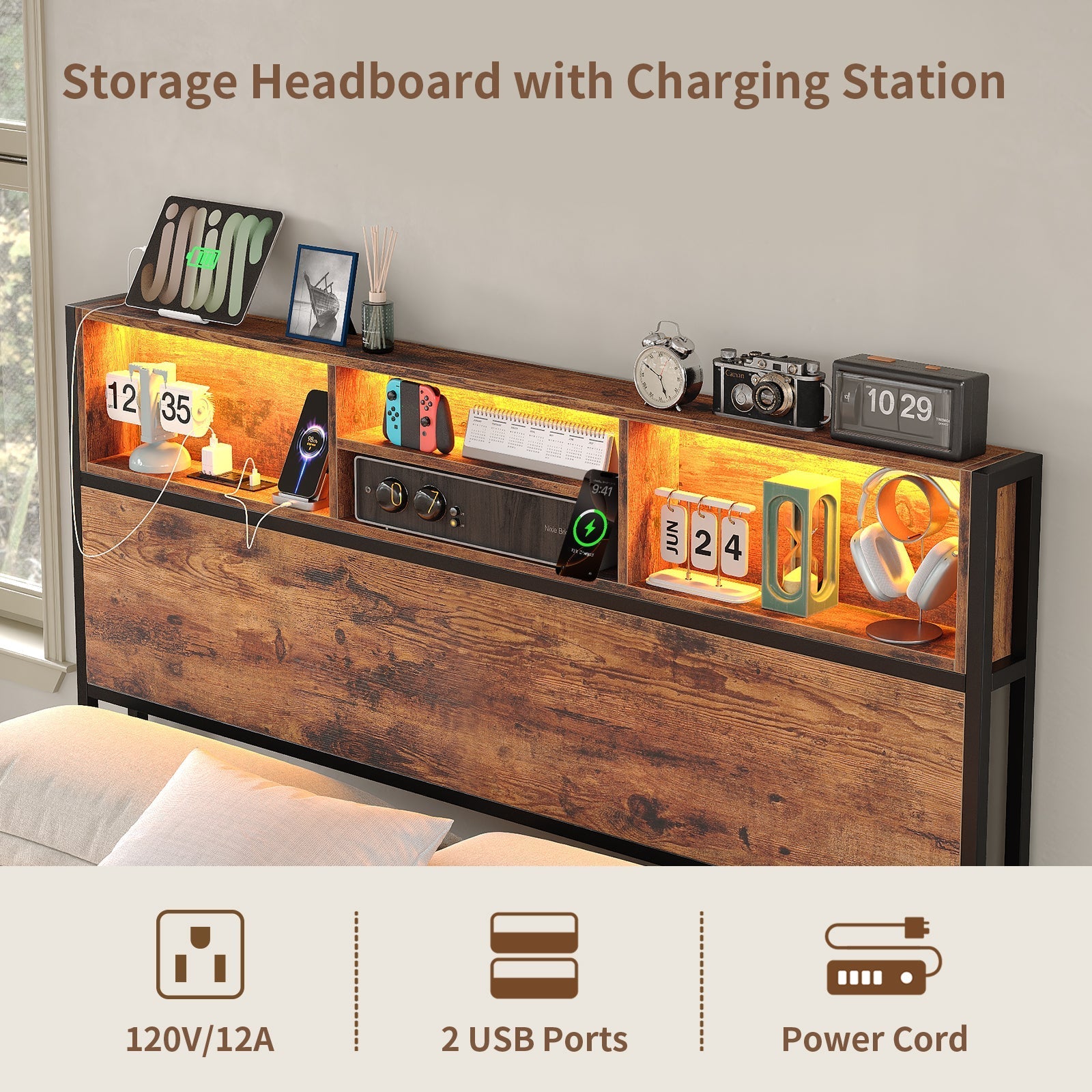 Vektaya US-BF012-BR Full/Queen/King Bed Frame with LED Headboard, Charging Ports, 6 Storage Drawers, Shelf, Easy Assembly, No Box Spring Needed