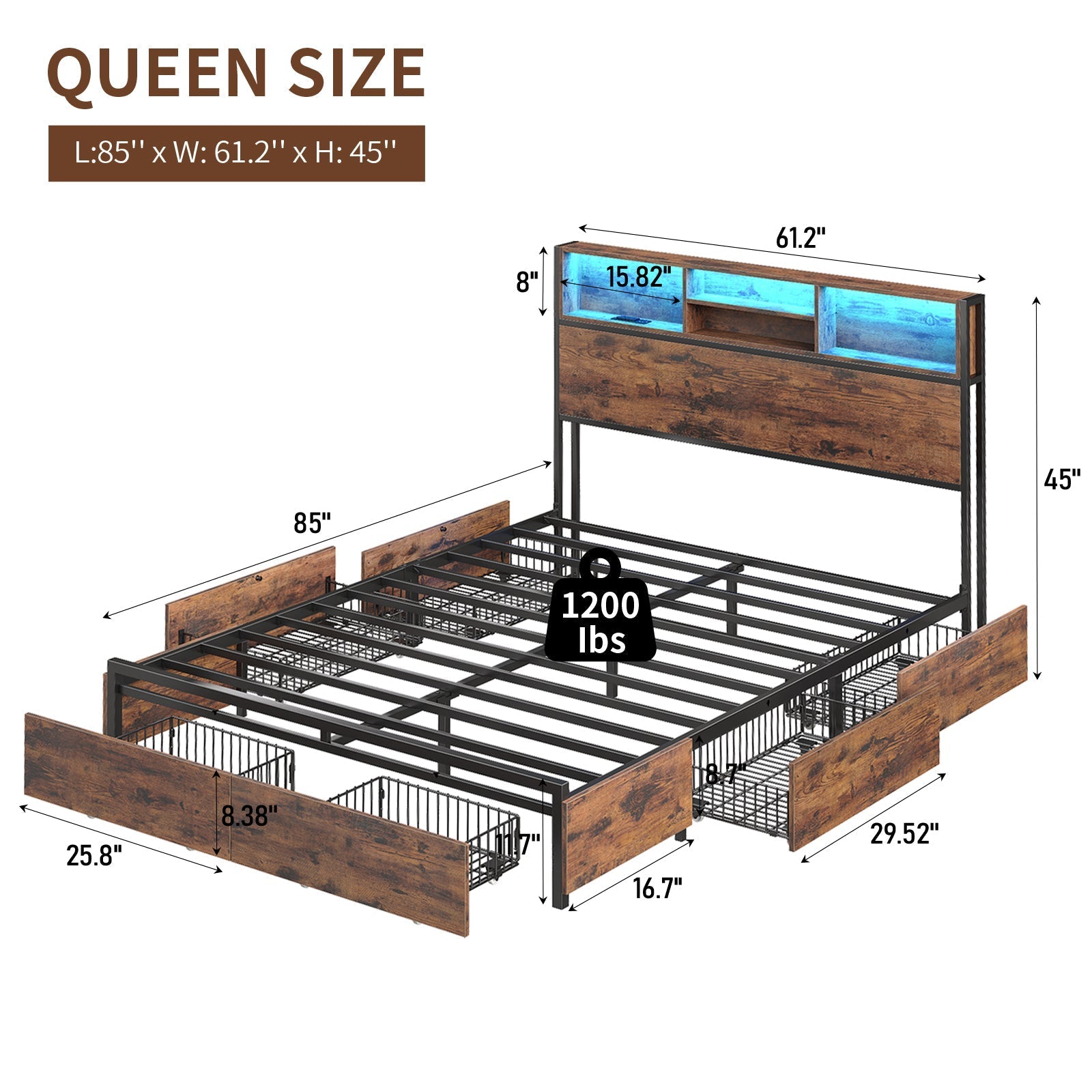 Vektaya US-BF012-BR Full/Queen/King Bed Frame with LED Headboard, Charging Ports, 6 Storage Drawers, Shelf, Easy Assembly, No Box Spring Needed