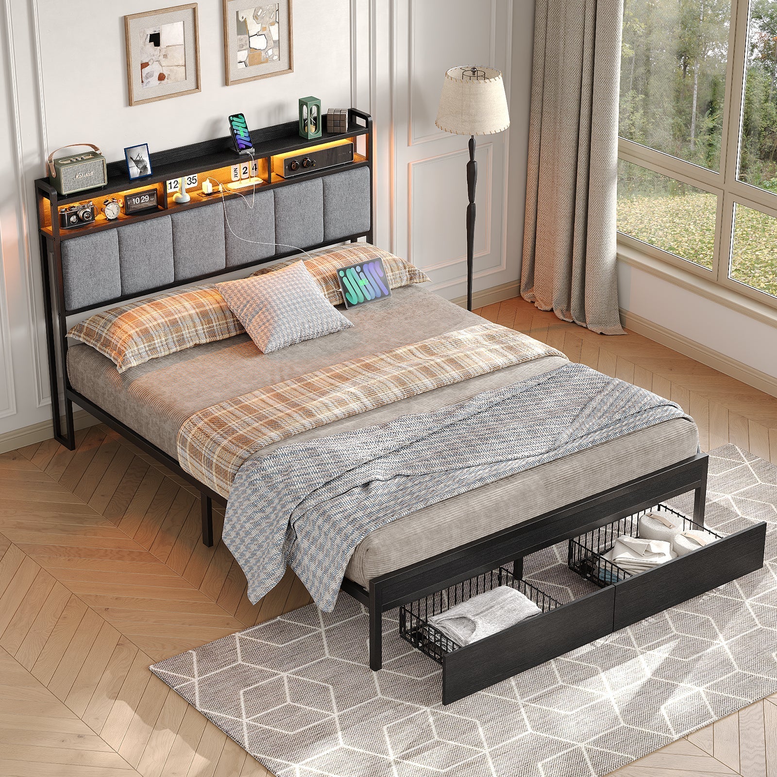 Vektaya US-BF016-BL Full/Queen Bed Frame with RGB LED Headboard, Charging Station, 2 Drawers, 2 USB & 2 AC Outlets, Easy Assembly, No Box Spring, Black