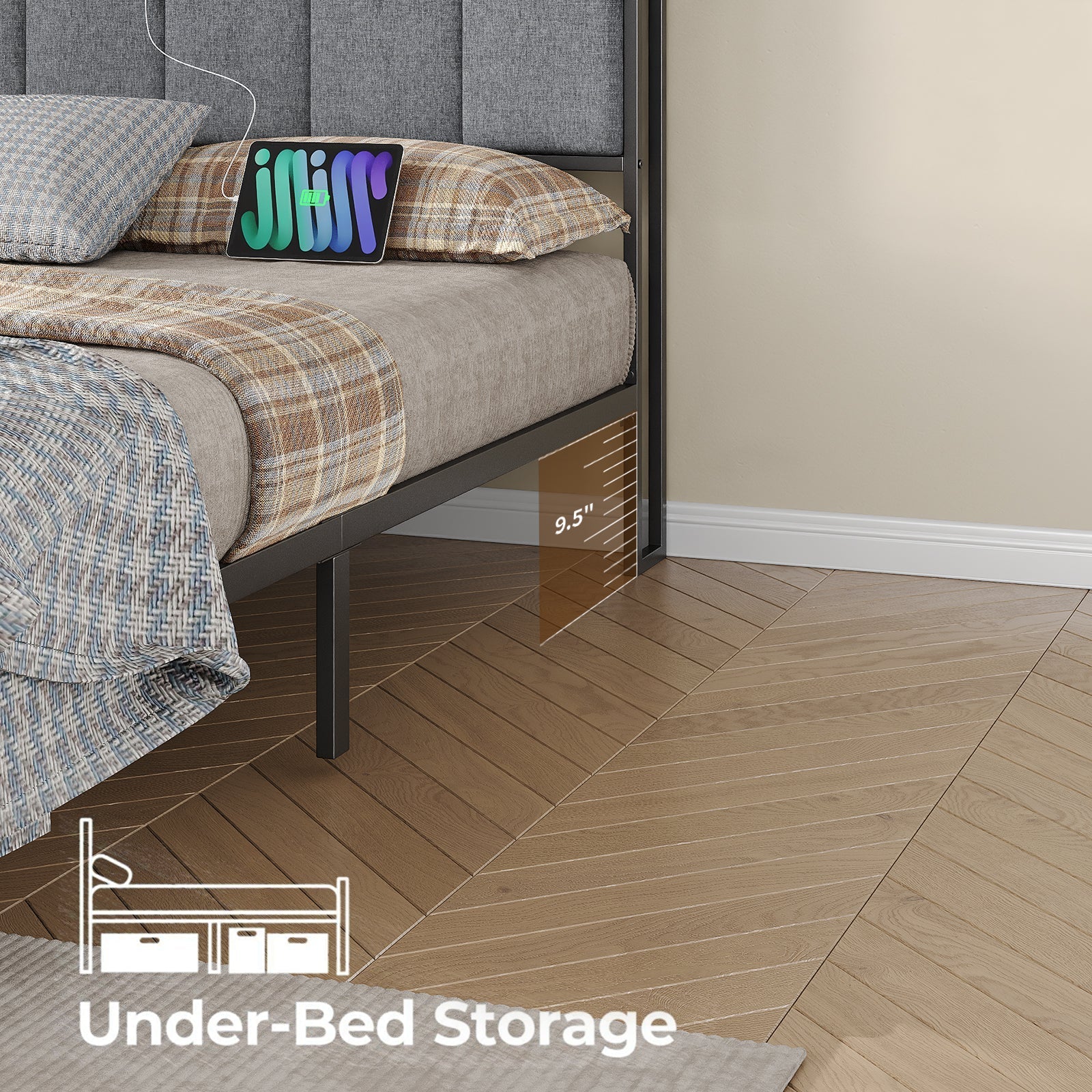 Vektaya US-BF016-BL Full/Queen Bed Frame with RGB LED Headboard, Charging Station, 2 Drawers, 2 USB & 2 AC Outlets, Easy Assembly, No Box Spring, Black