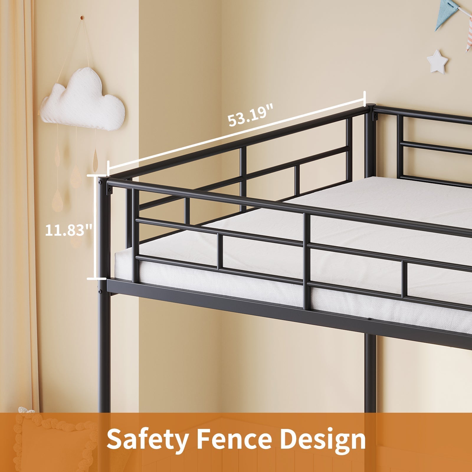 Vektaya US-BF018-BL Twin/Full Metal Bunk Bed with LED, Charging Station, 2 Drawers, Guard Rails & Ladder, No Box Spring, Black