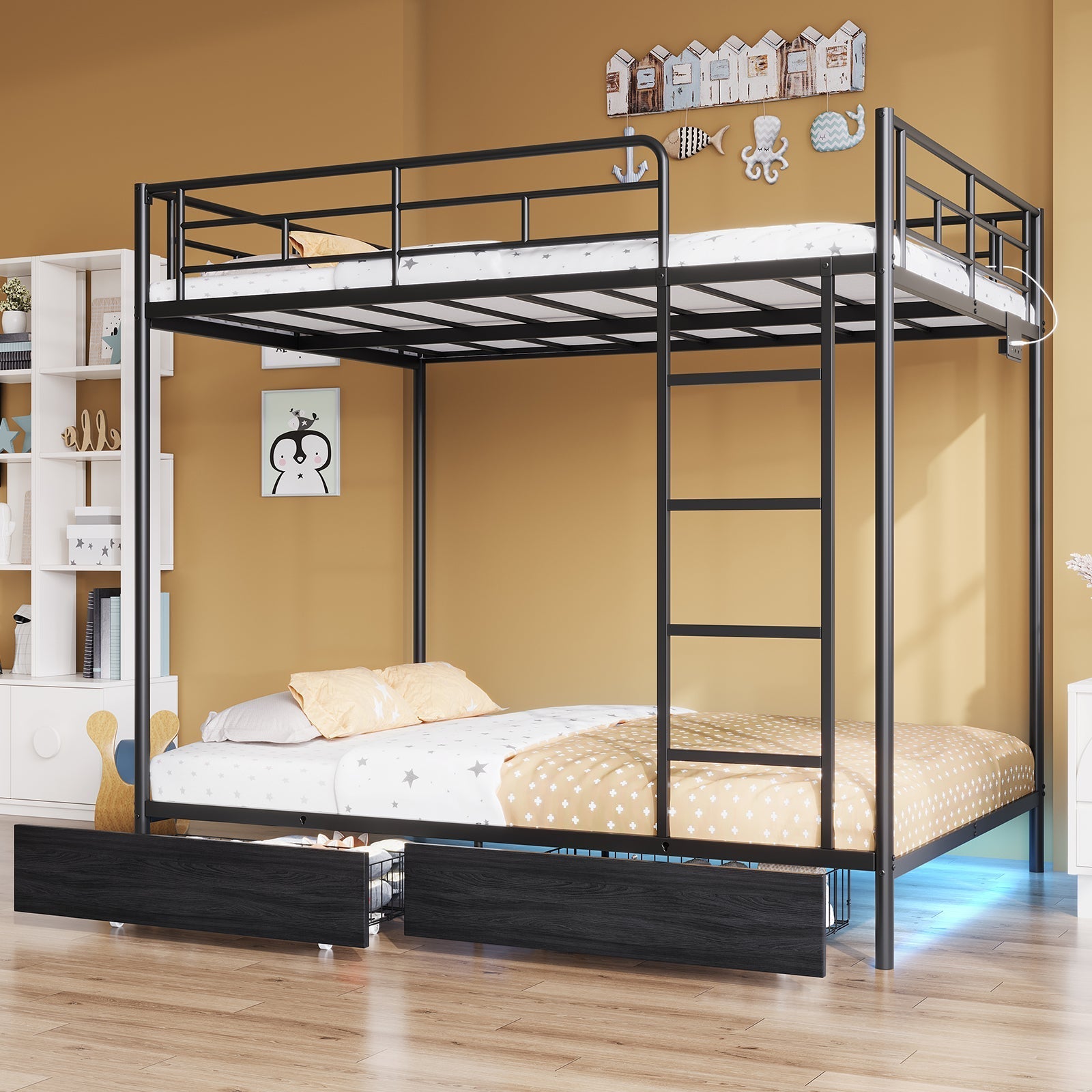 Vektaya US-BF018-BL Twin/Full Metal Bunk Bed with LED, Charging Station, 2 Drawers, Guard Rails & Ladder, No Box Spring, Black