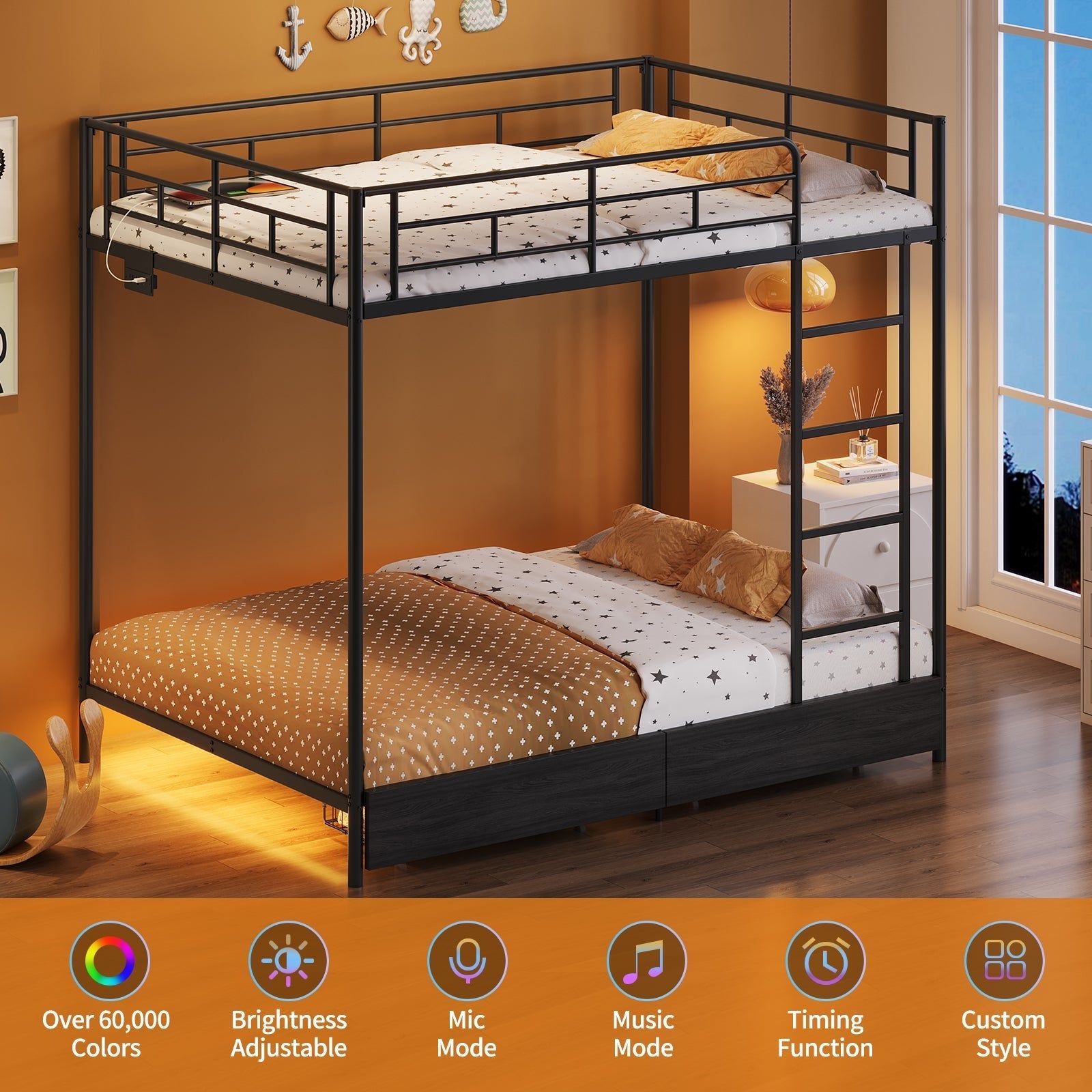 Vektaya US-BF018-BL Twin/Full Metal Bunk Bed with LED, Charging Station, 2 Drawers, Guard Rails & Ladder, No Box Spring, Black