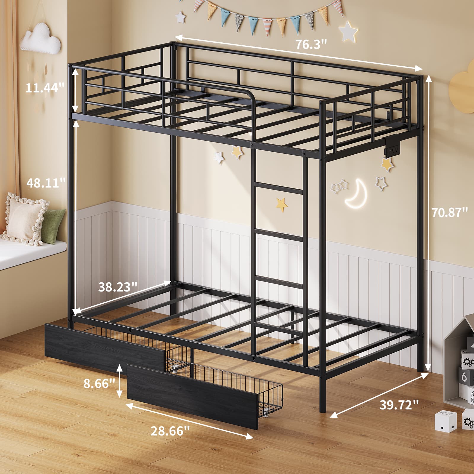Vektaya US-BF018-BL Twin/Full Metal Bunk Bed with LED, Charging Station, 2 Drawers, Guard Rails & Ladder, No Box Spring, Black