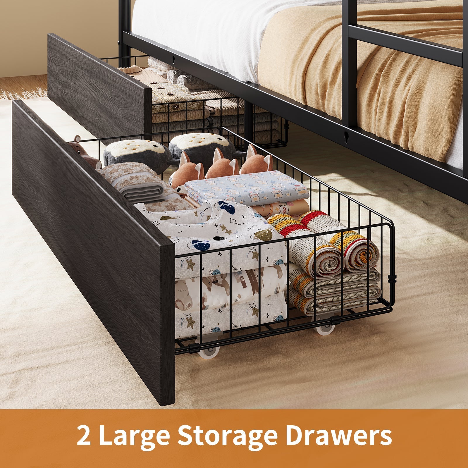 Vektaya US-BF018-BL Twin/Full Metal Bunk Bed with LED, Charging Station, 2 Drawers, Guard Rails & Ladder, No Box Spring, Black