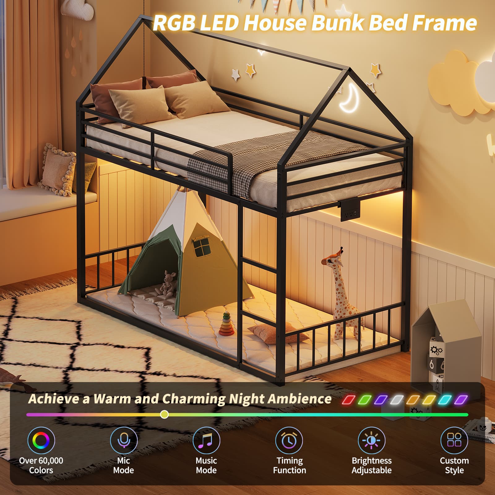 Yanosaku BF019-BK-T Twin Bunk Bed Frame with Charging Station & RGB LED, Easy Assembly, Storage Space, House Metal Frame with Ladder-2