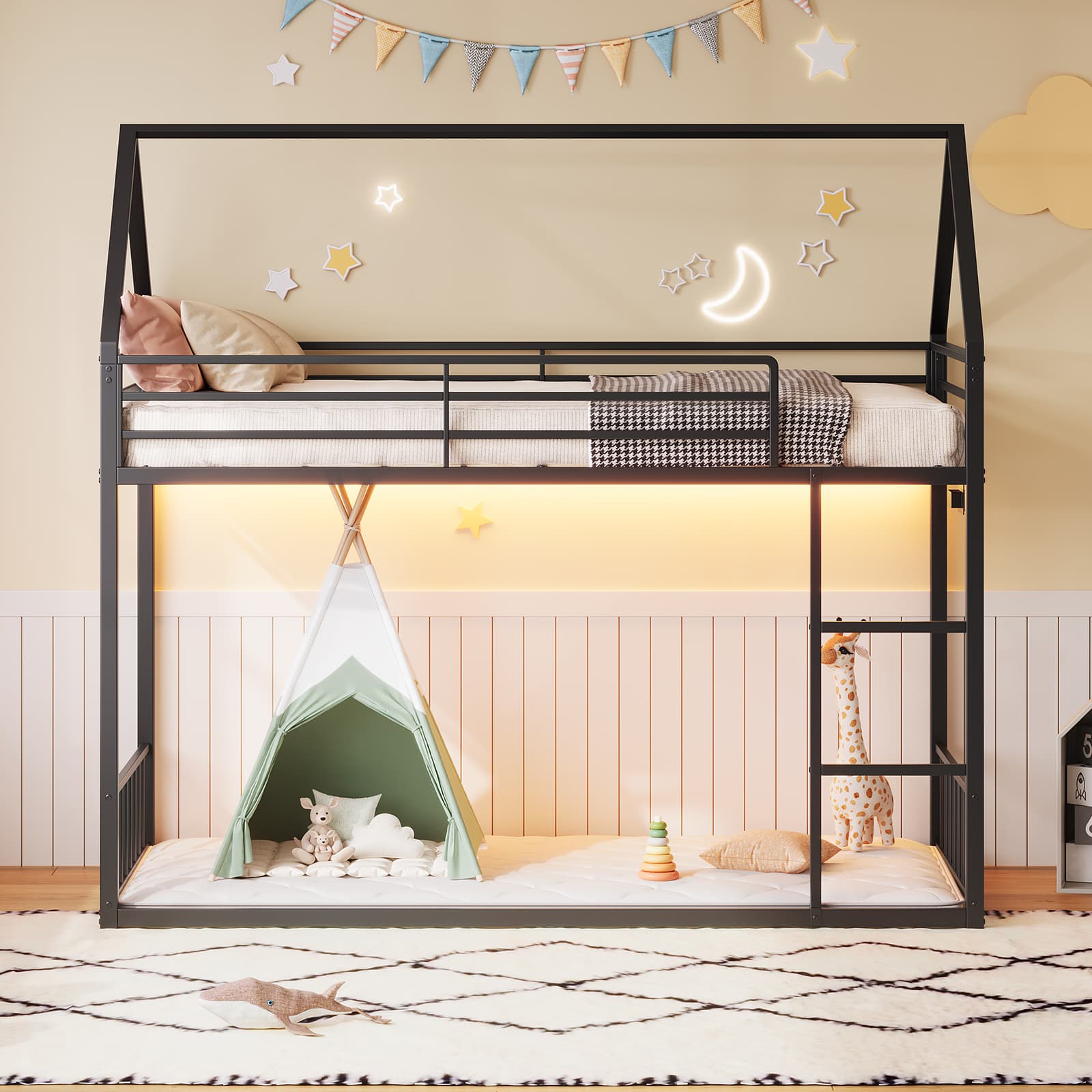 Yanosaku BF019-BK-T Twin Bunk Bed Frame with Charging Station & RGB LED, Easy Assembly, Storage Space, House Metal Frame with Ladder-4